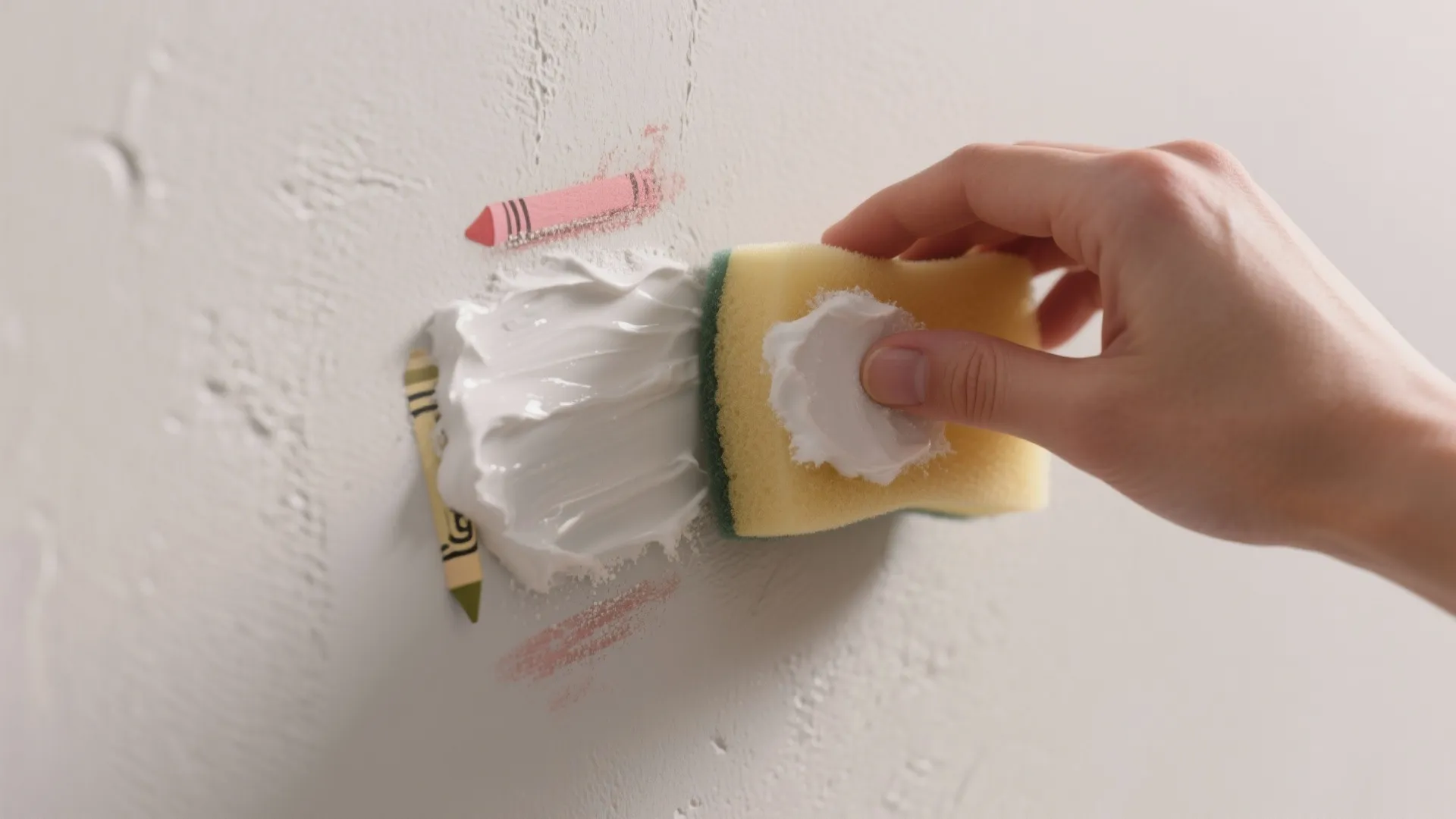 Hand using yellow sponge with white cleaning paste to remove crayon marks from a wall surface