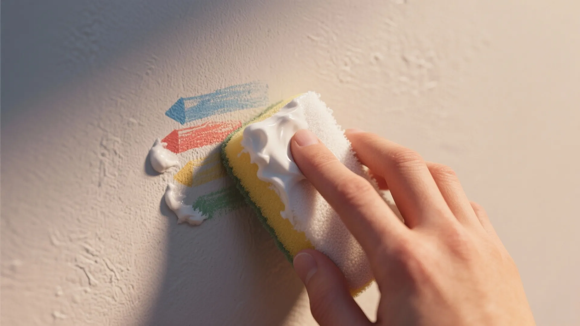 Removing colorful crayon marks from a white wall using a white cleaning paste and sponge