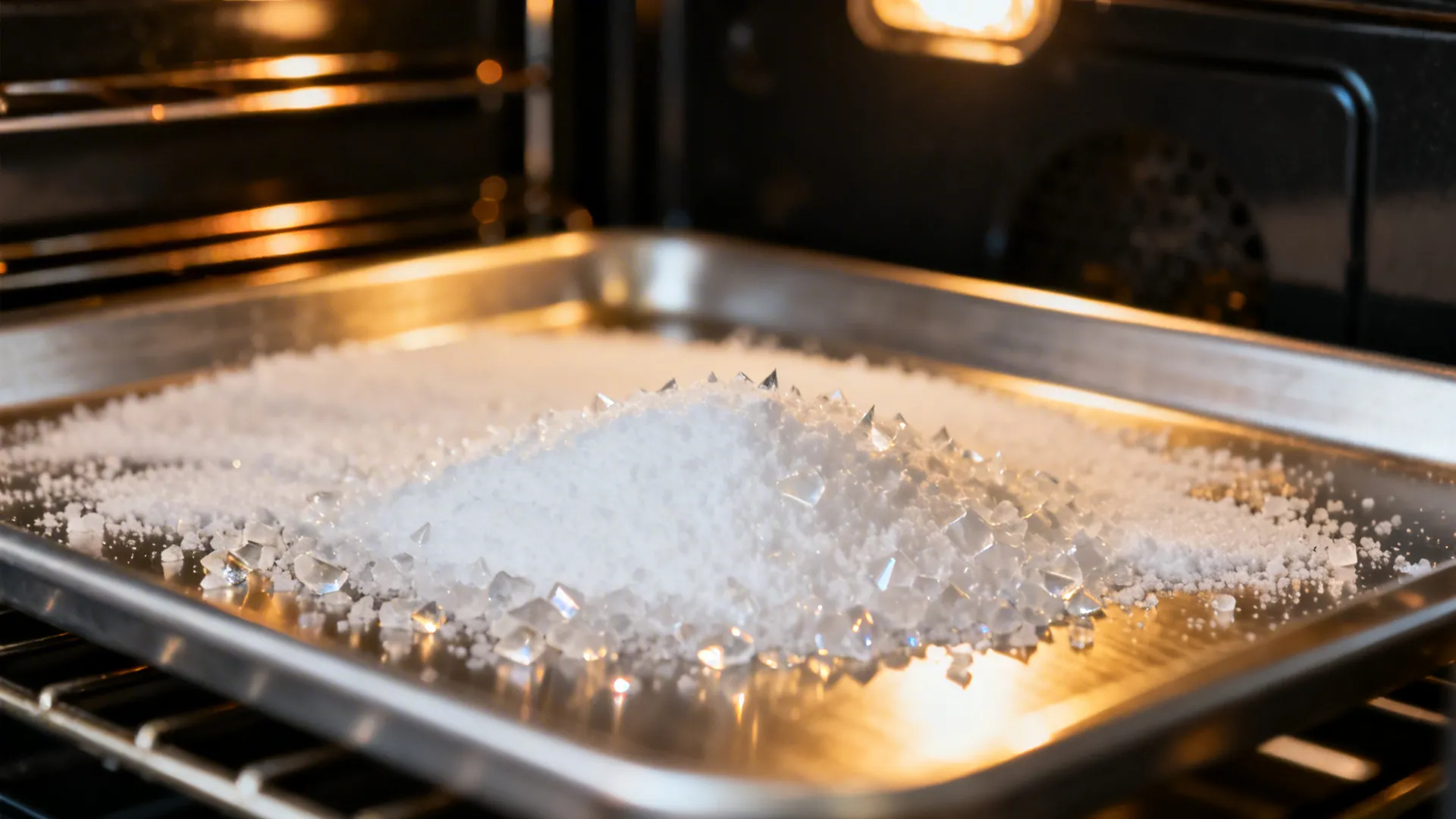 White baking soda powder spread on a metal tray inside a warm kitchen oven for cleaning