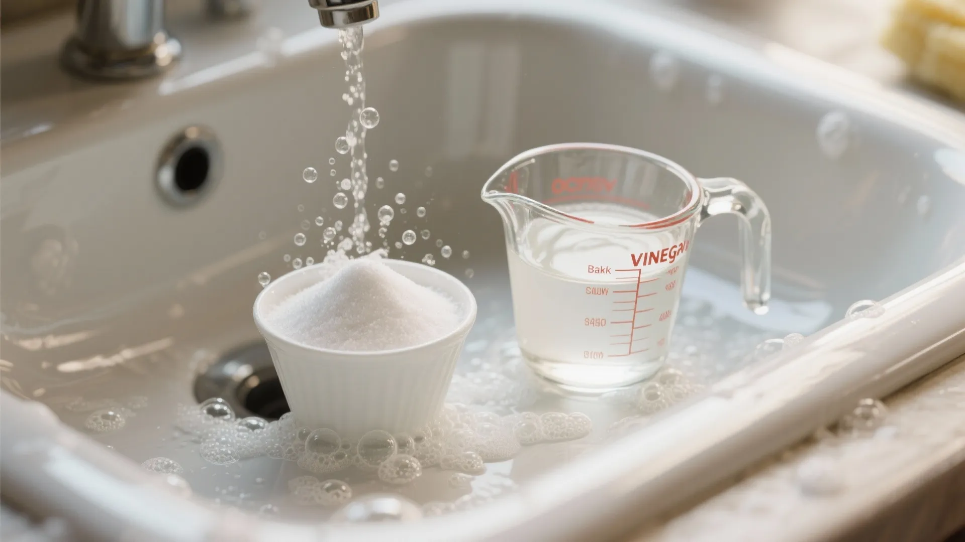 Baking soda in a white bowl and vinegar in a glass cup inside a sink