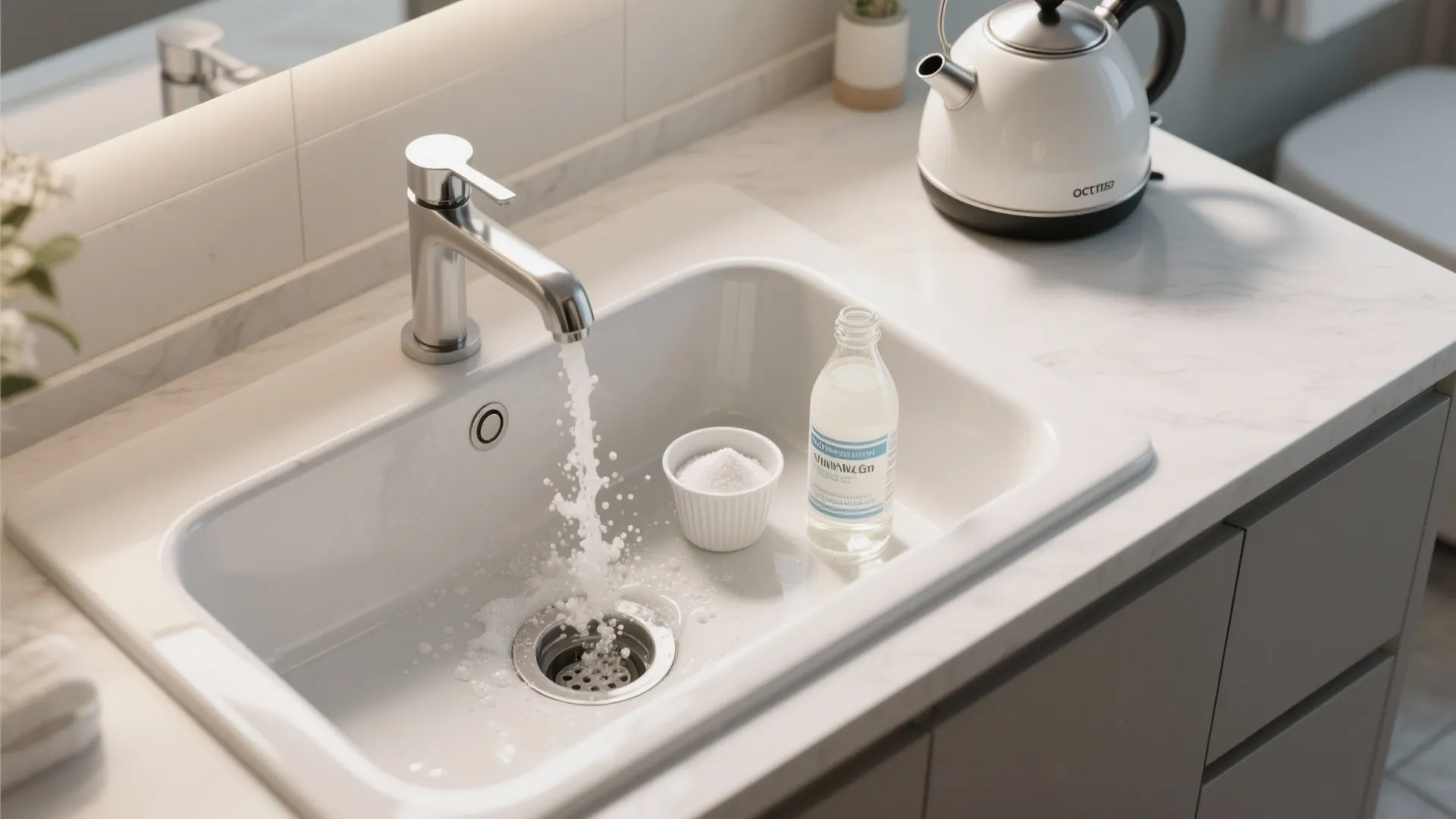 Water flowing from a faucet into a sink with vinegar and powder for cleaning drains