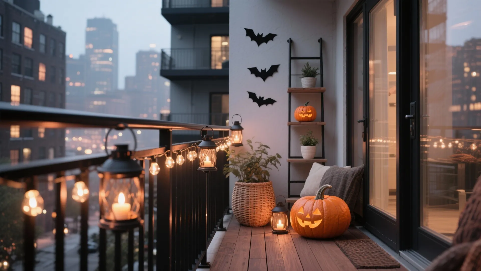 Apartment balcony at night with orange pumpkins string lights lanterns and black bat wall stickers