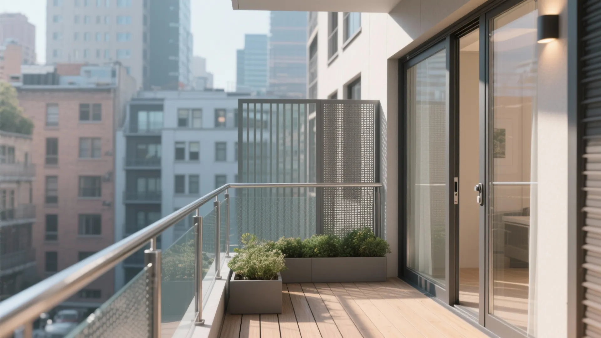 Spacious modern balcony with glass sliding door and metal railing overlooking a tall city skyline