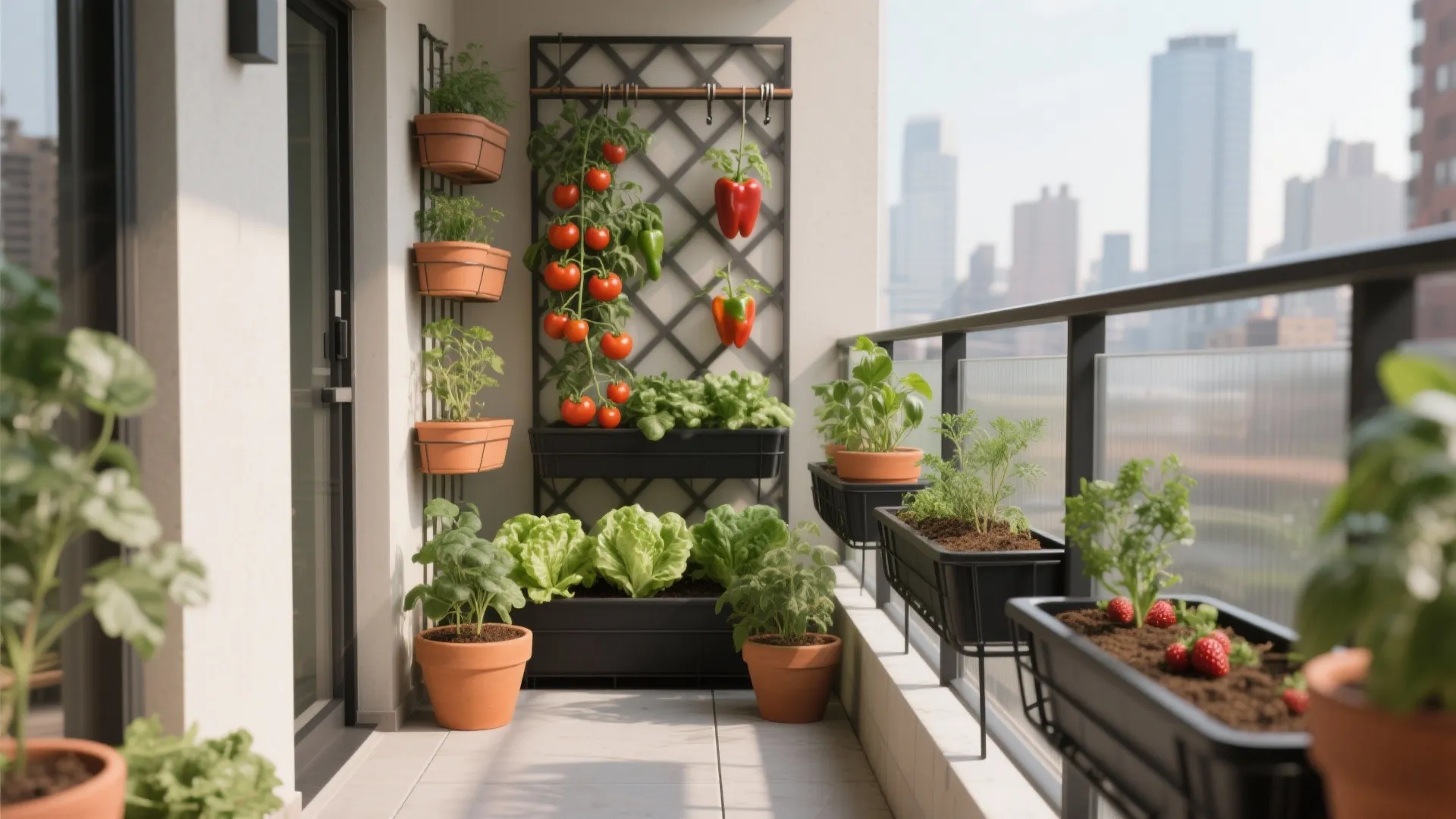 Urban balcony vegetable garden with vertical wall planters tomatoes lettuce and strawberries in various black pots