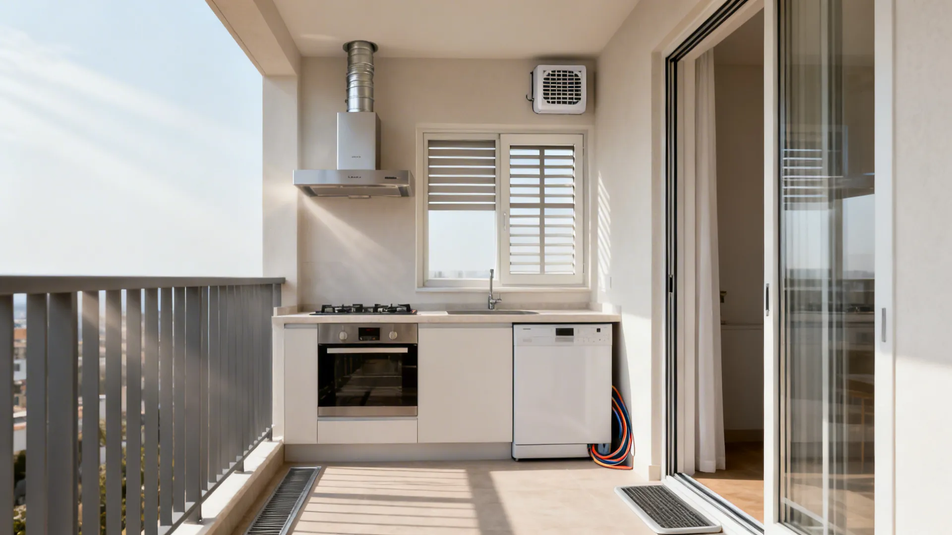 Balcony kitchen with ducted hood, louvered windows, intake grille, and weatherstripped sliders.
