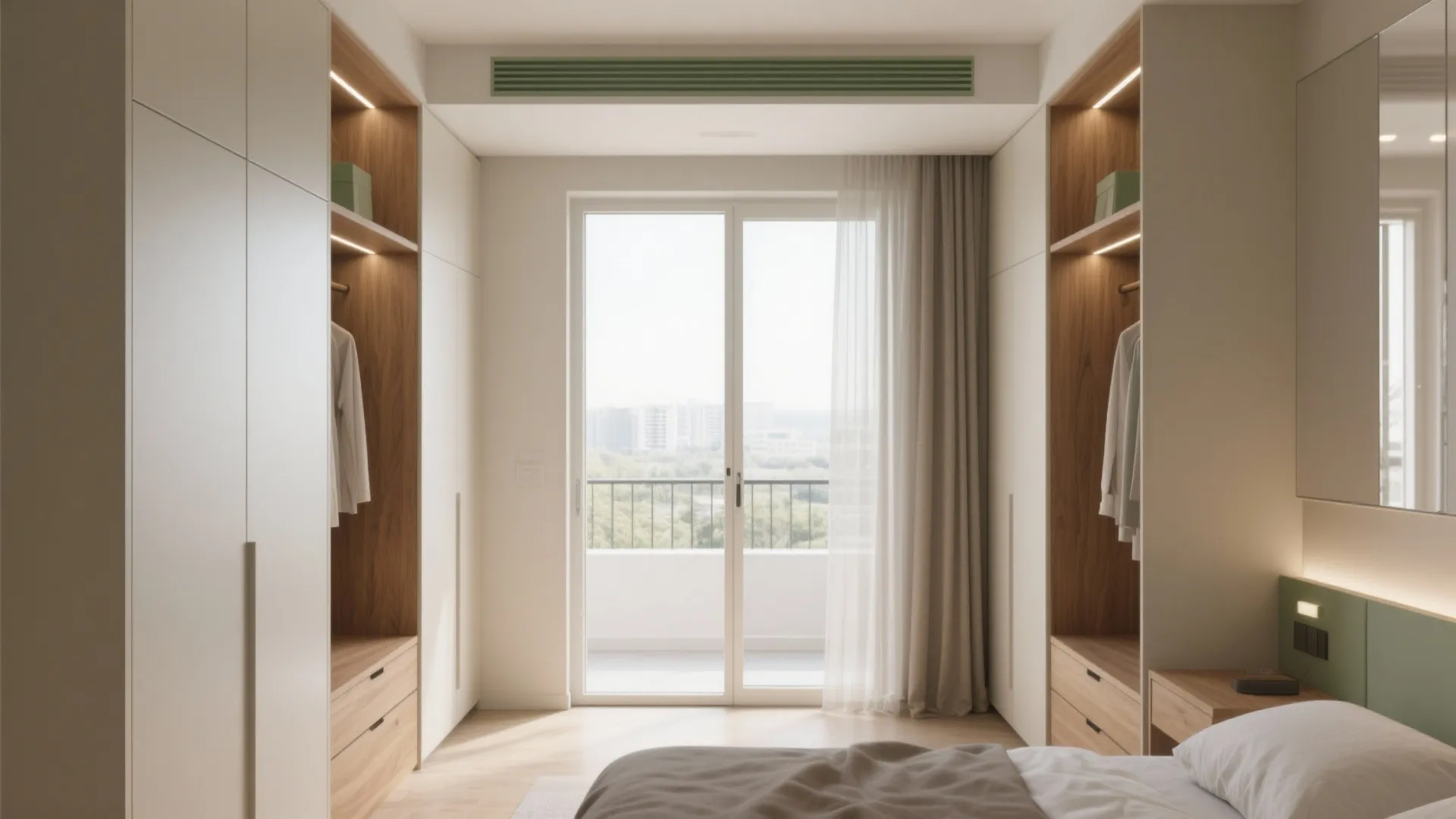 Modern bedroom featuring built-in wooden cabinets with integrated lighting beside a large glass sliding door