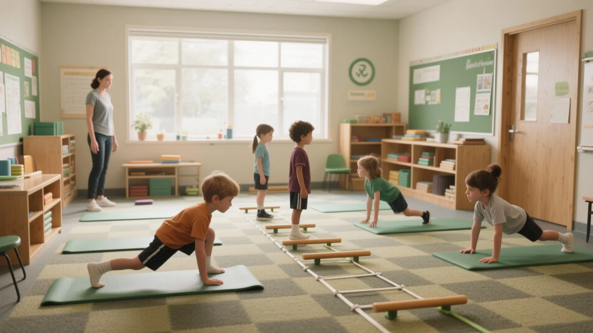 Balance and core circuit in a small classroom showing heel-to-toe walks, single-leg stands and short plank holds on mats.