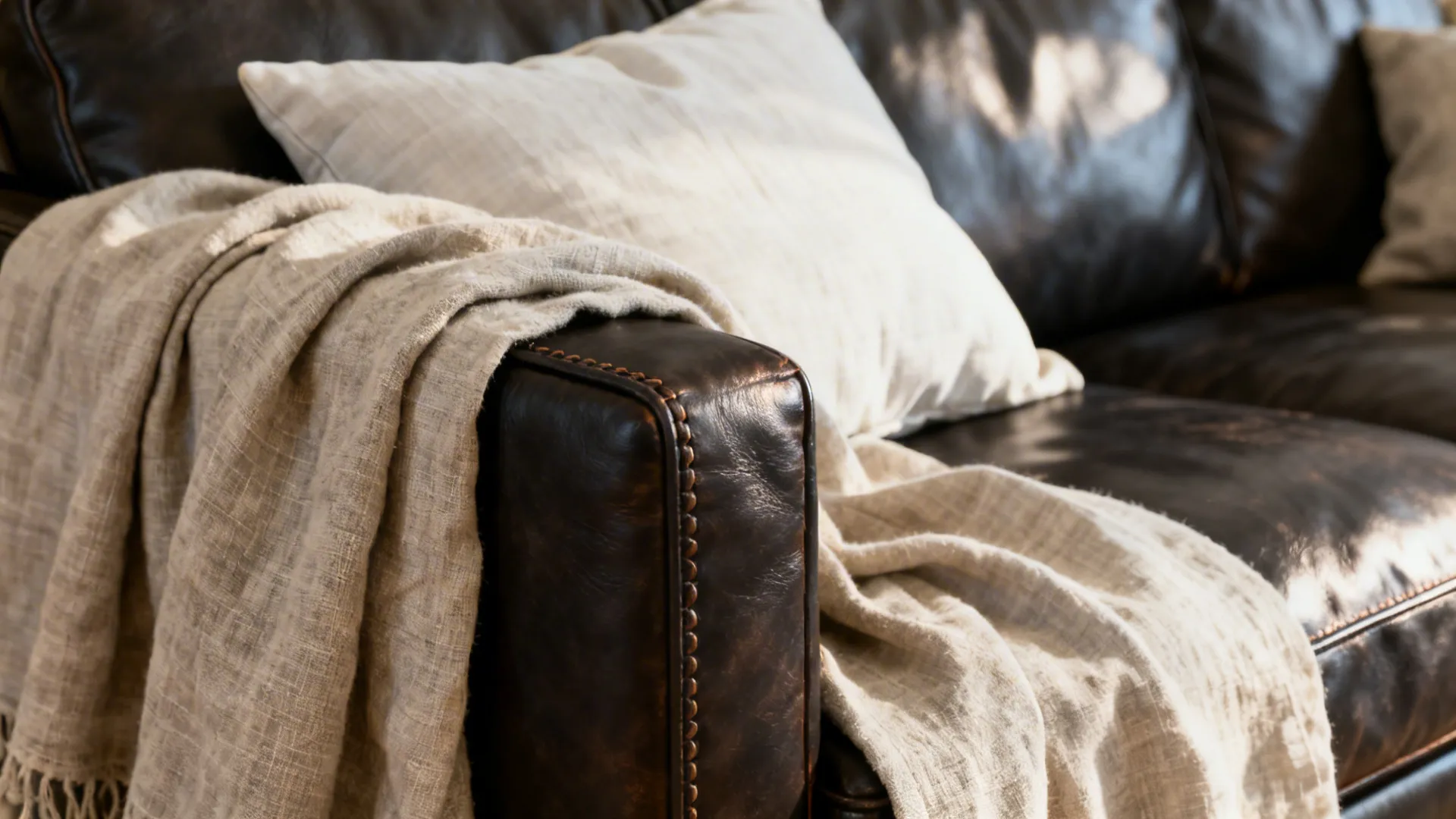 1. Balance a dark leather sofa with light textiles