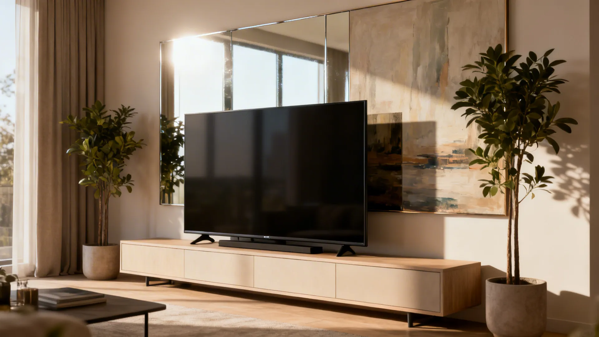 65-inch TV balanced with long credenza, tall plants, and wide artwork in a compact room