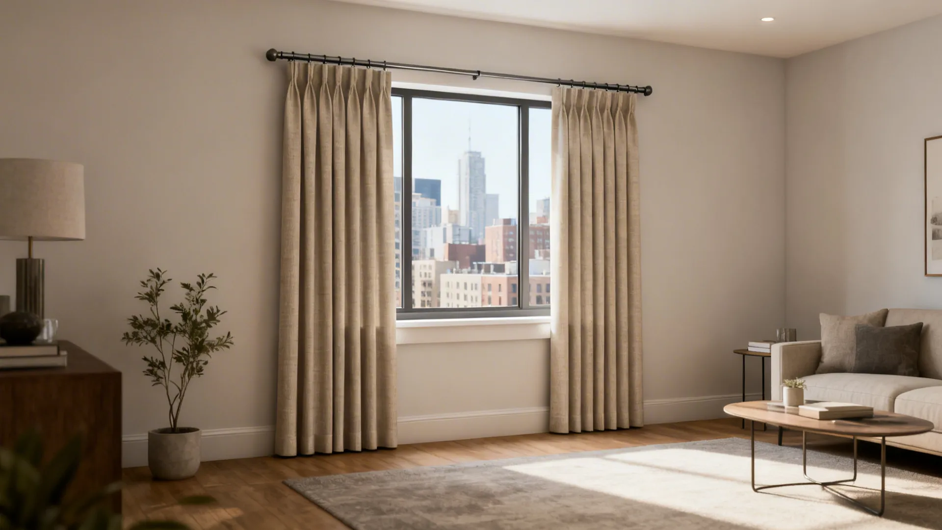 Living room with beige curtains on a window showing city buildings plus a grey sofa