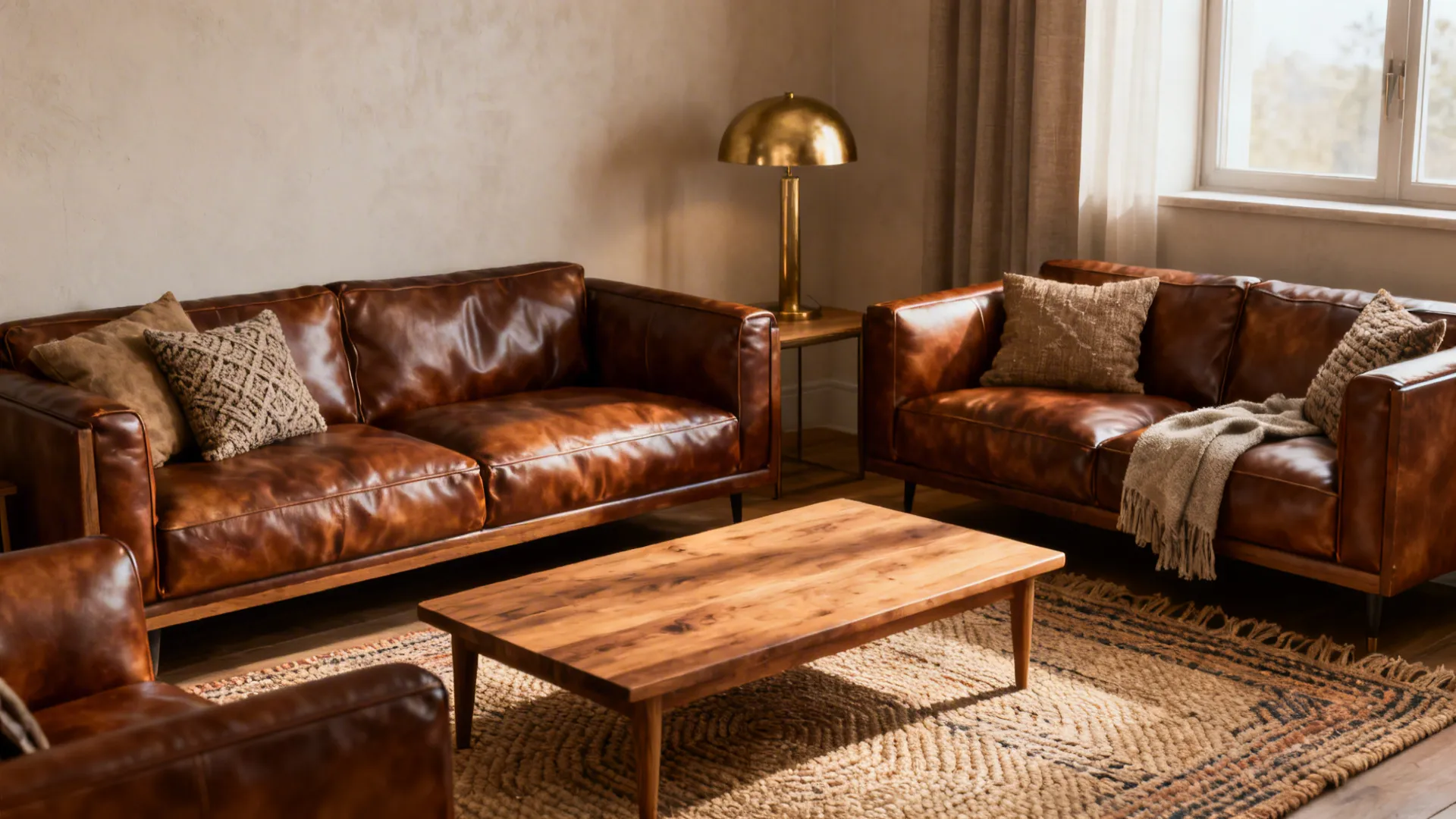 Living room with leather furniture balanced by wood coffee table, woven rug and brass lamp.