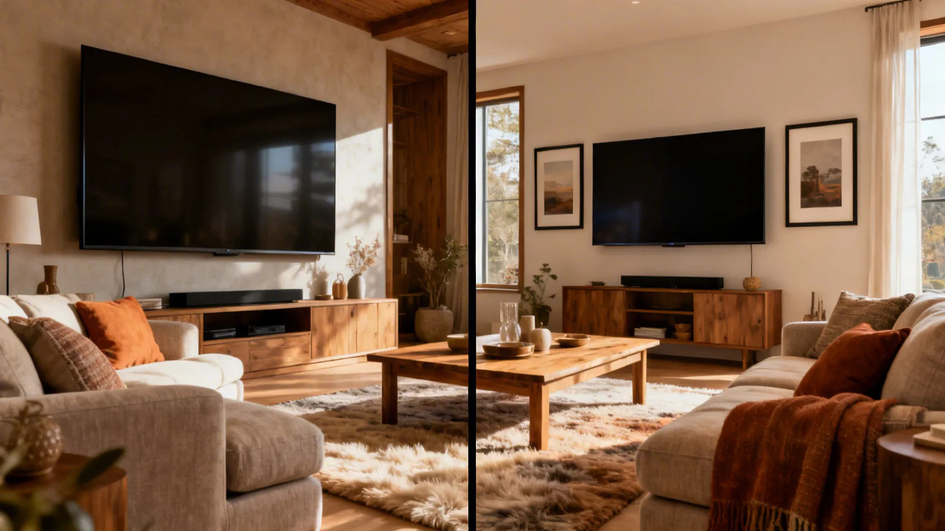 Split view comparing an oversized TV that overwhelms a wall and a balanced 65-inch TV integrated with photos and decor.