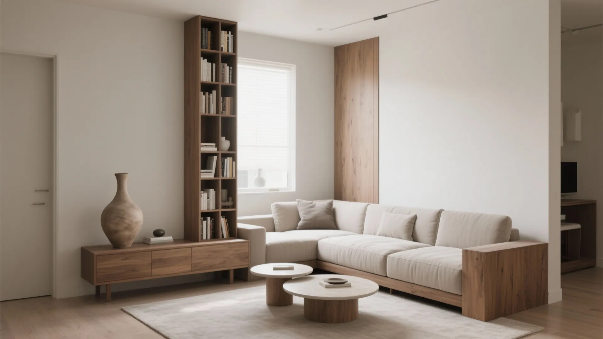 Bright living room with corner sofa wooden cabinet tall bookshelf round coffee tables and rug