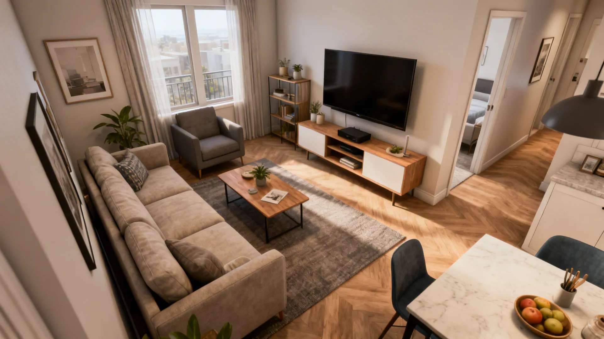 Small apartment living room with re-angled sofa and 49-inch TV showing clear sightlines and traffic flow.