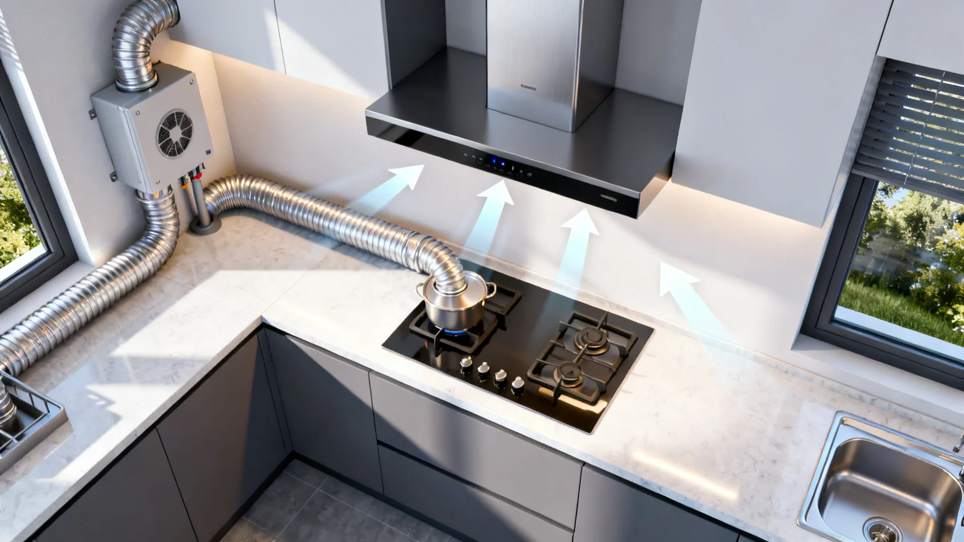 Top-down concept of kitchen hood ducting with separate ERV supply and exhaust for balance.