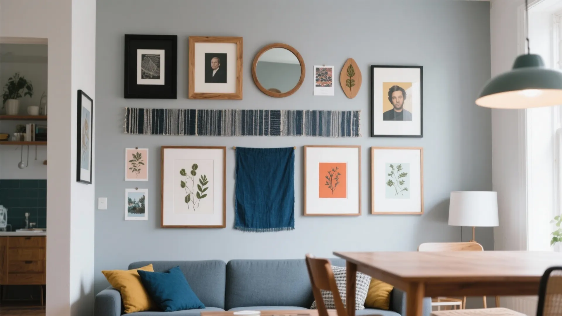 Living room gallery wall with framed art and a mirror above a blue fabric sofa