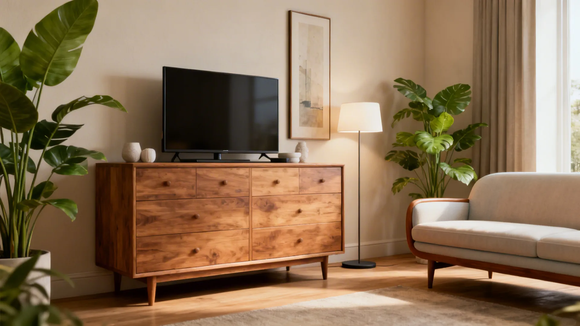 Living room with wood cabinet under a television plus a floor light and a sofa
