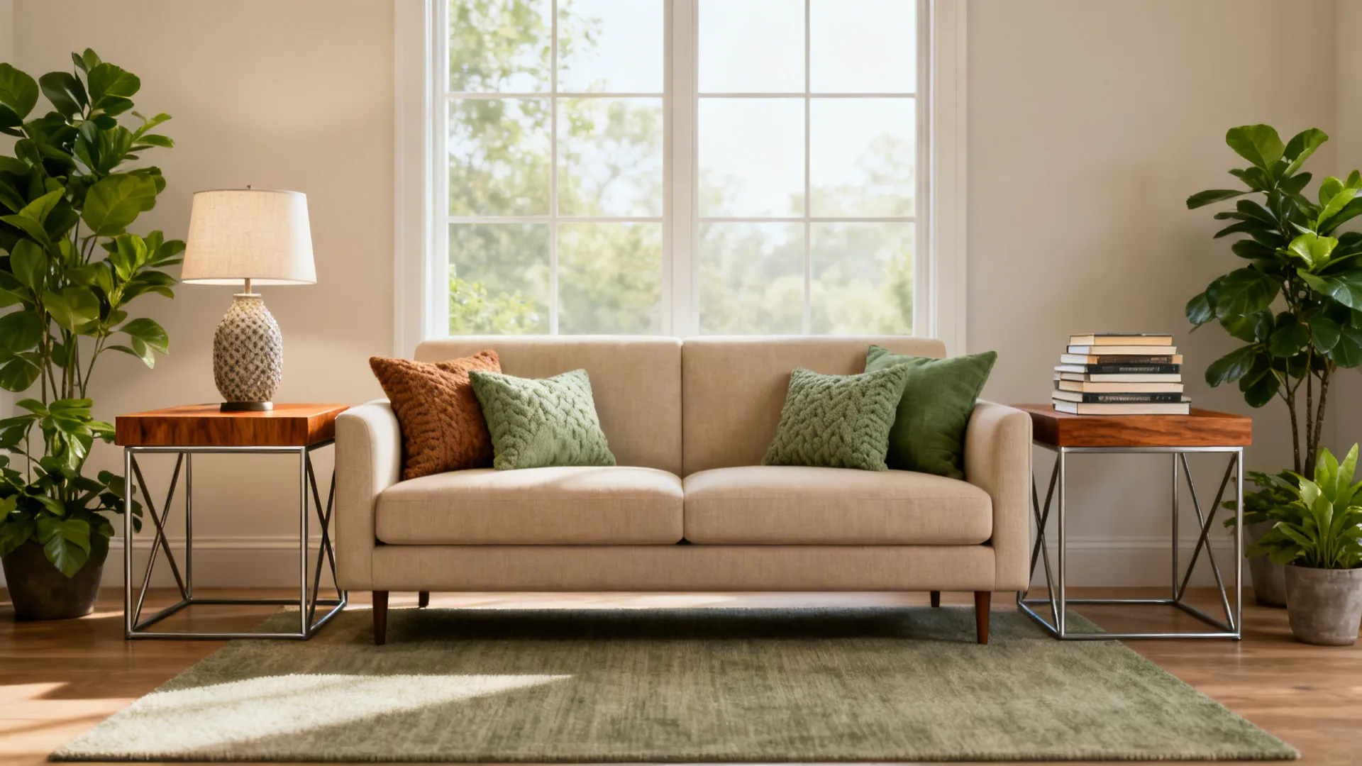 Symmetrical living room setup with beige sofa two side tables table lamp and green plants