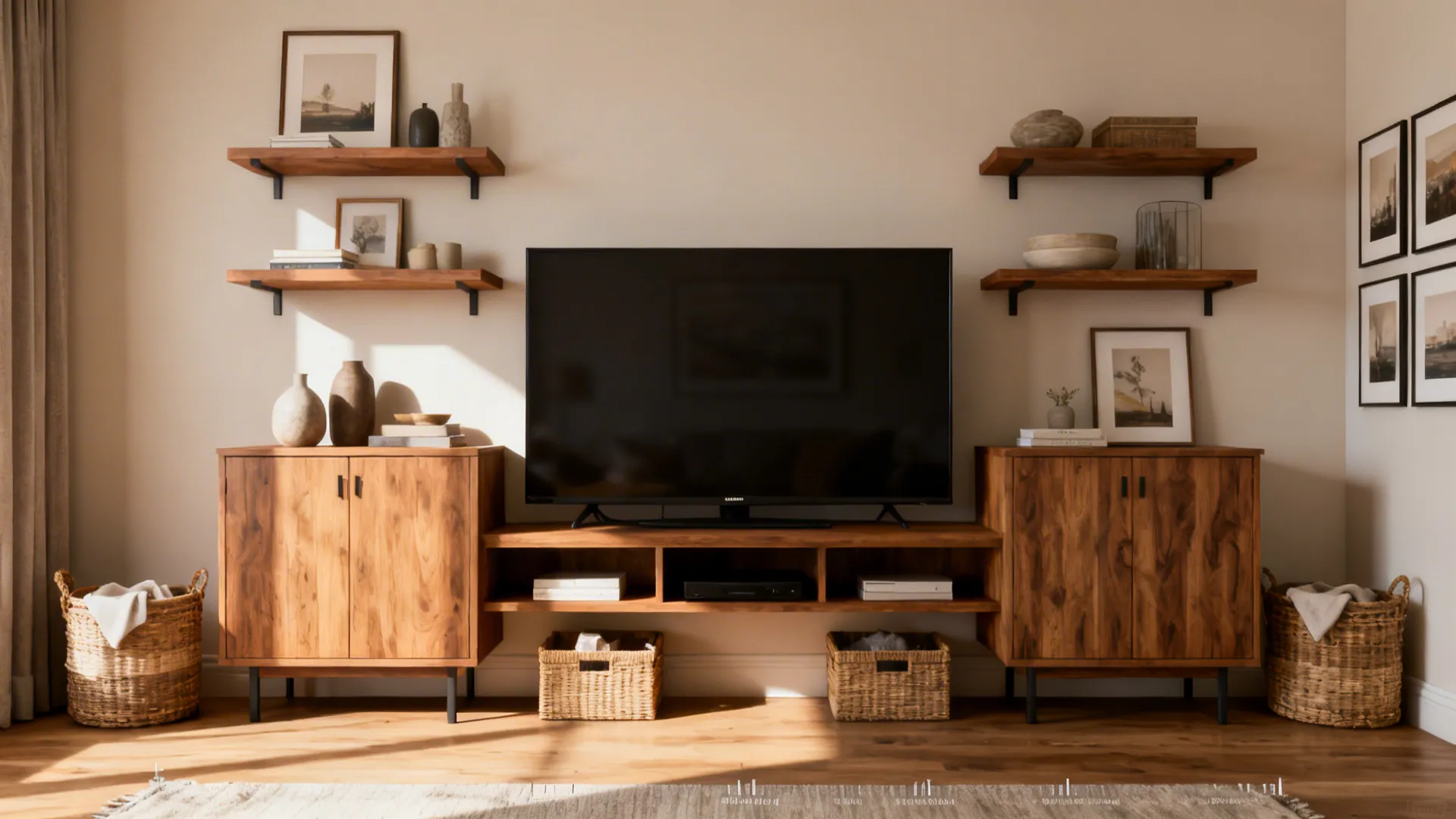 Living room wall with a large TV wooden cabinets wall shelves and baskets on floor