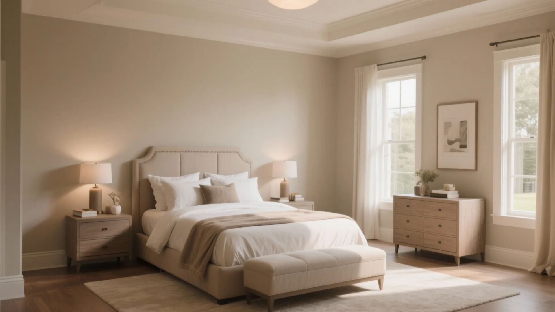 Elegant beige bedroom with upholstered bed footrest wood cabinet table lamps and bright natural sunlight