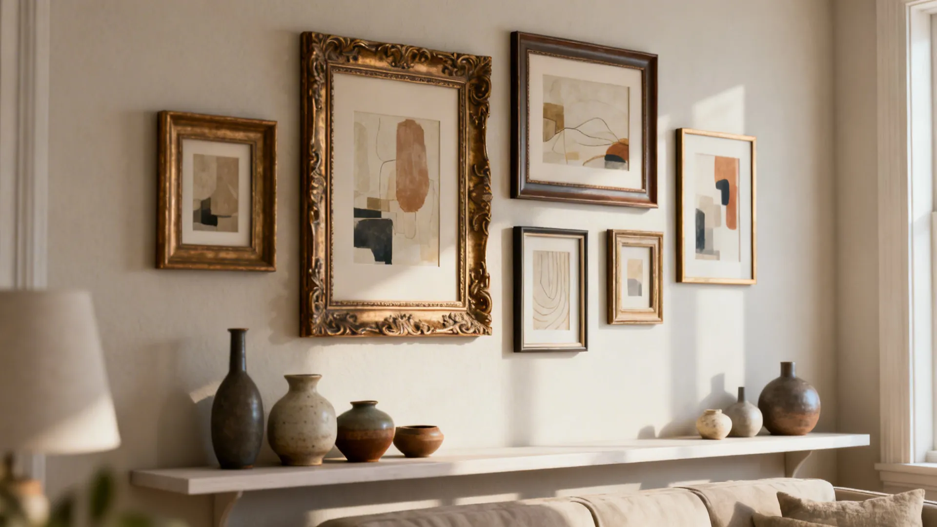 Curated display wall with groups of three and five frames and varied negative space