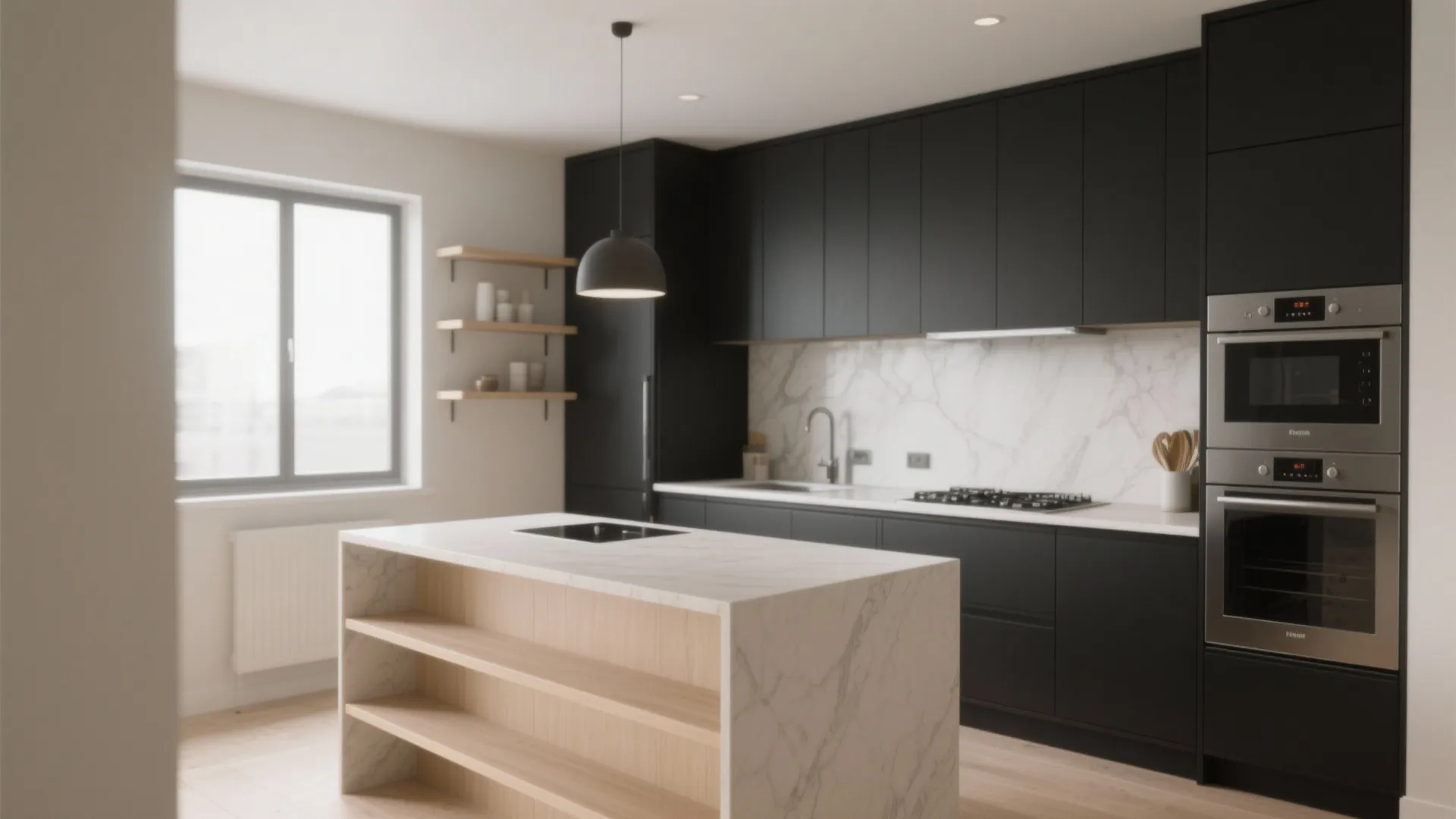 Minimalist kitchen with matte black cabinets a marble backsplash and a wooden island with shelves
