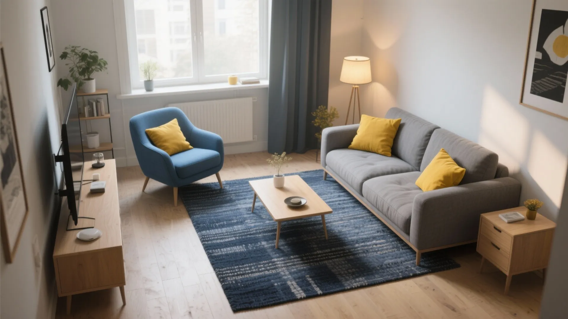 Top view of living room featuring grey sofa blue chair wooden cabinet and blue rug