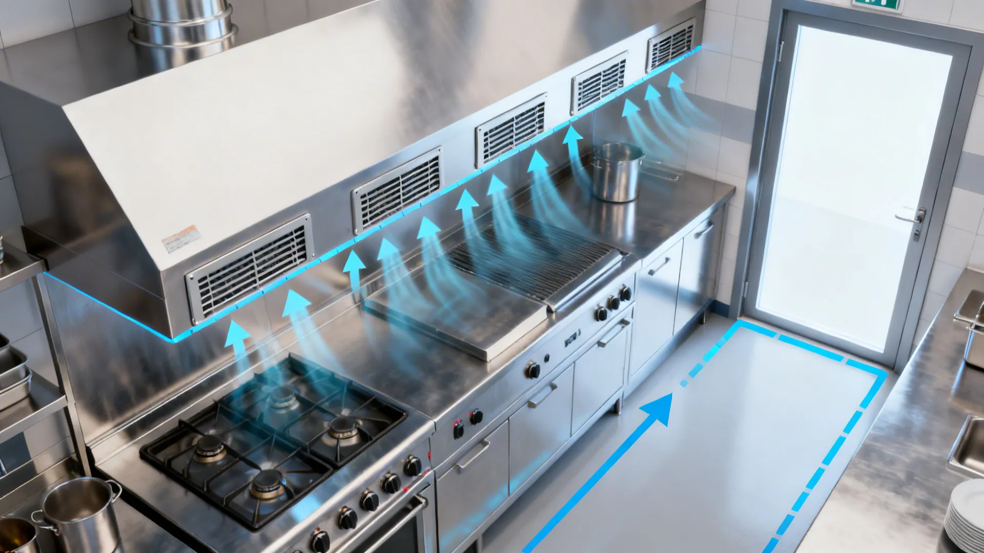 Top-down view showing low-velocity make-up air diffusers along the hood front guiding airflow into the capture zone.