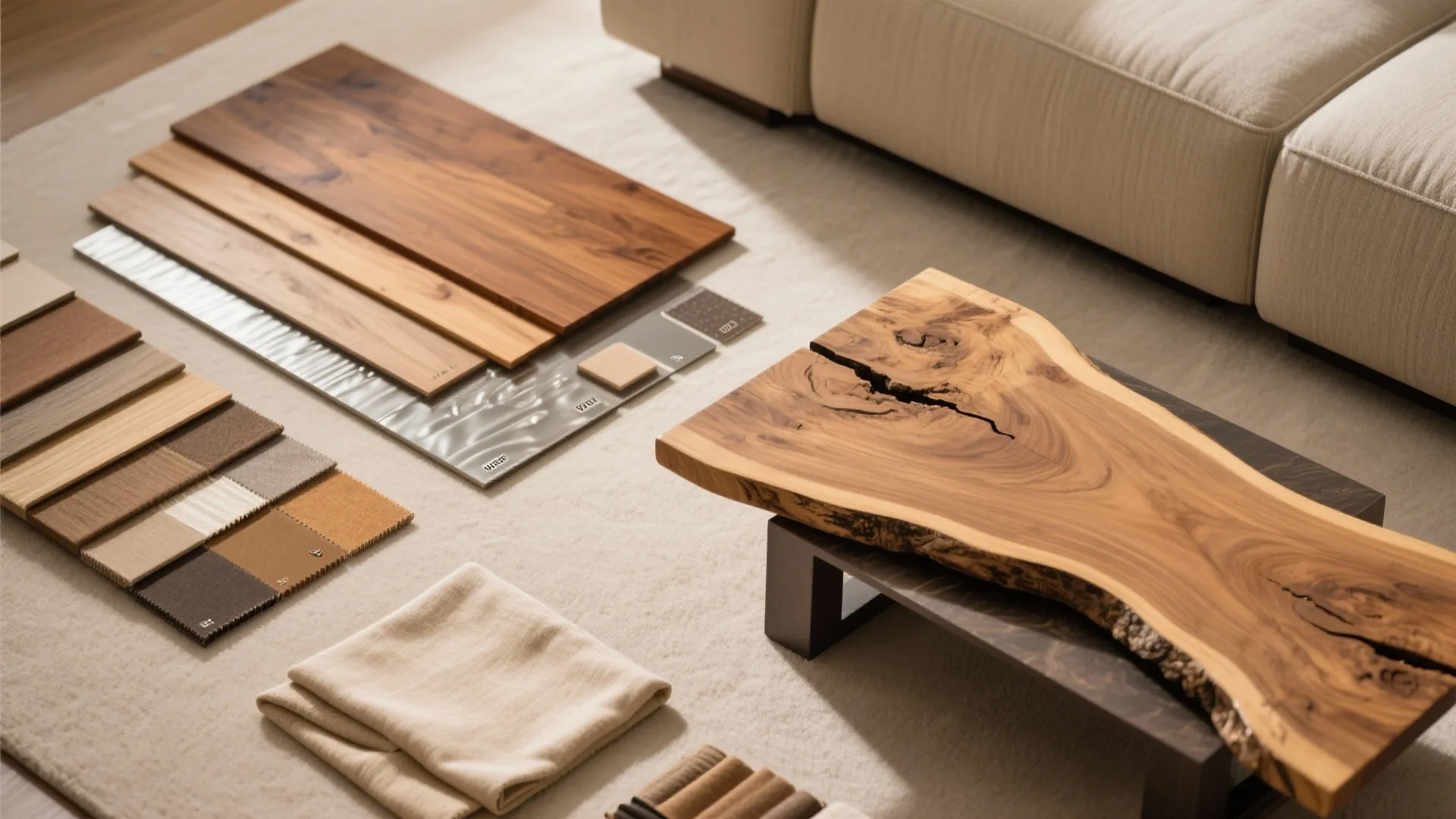 Interior design material board with wood samples fabric swatches and a natural wood coffee table