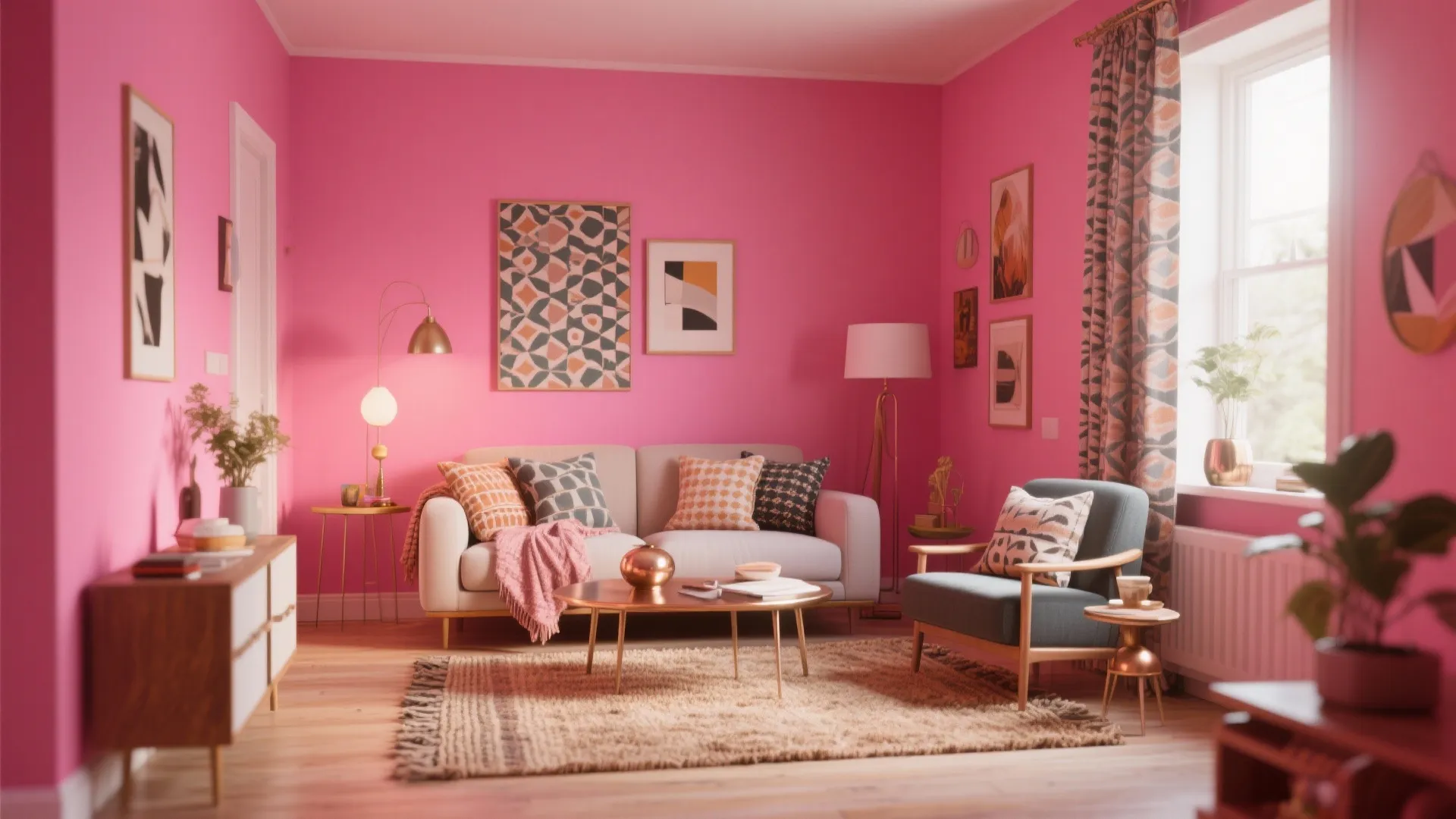 5. Balanced maximalism: pink walls + curated patterns