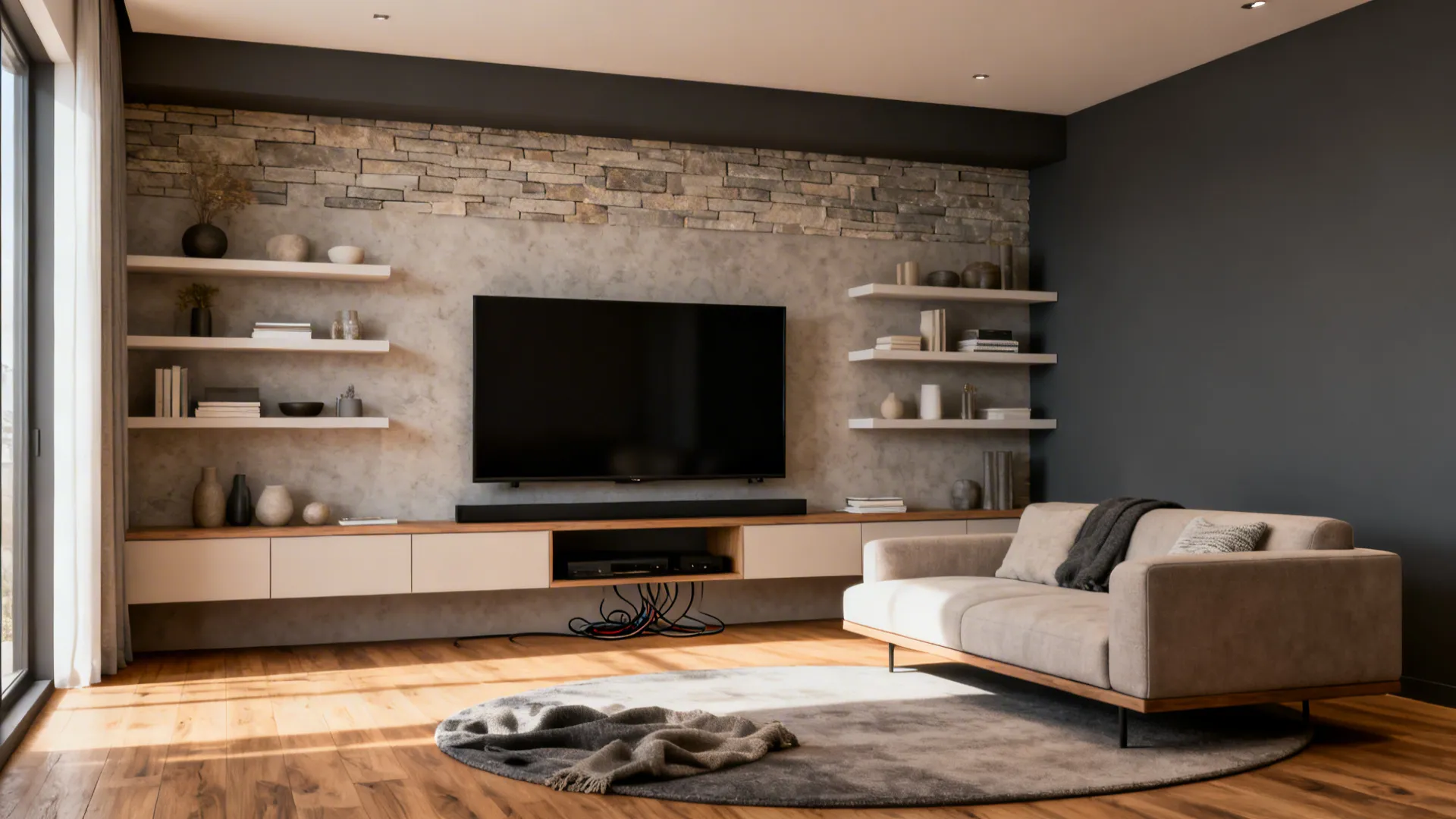 Modern living room with stone wall television floating shelves beige sofa and round grey rug