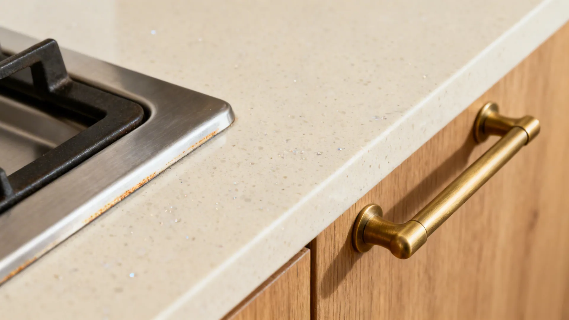 Macro of brushed brass pull beside stainless trim on a light quartz counter with oak edge.