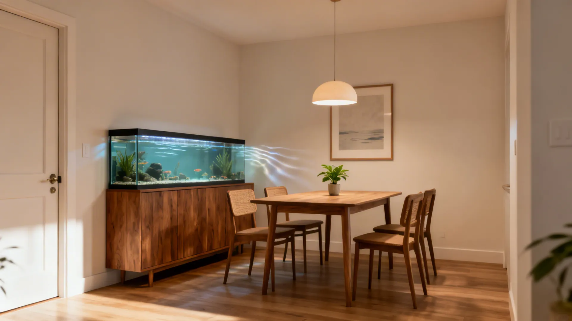 Angled aquarium along a dining wall visible from the entry without facing the door directly.