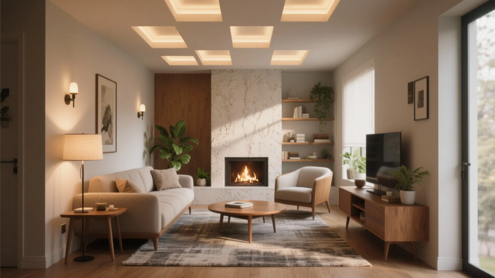 Cozy living room interior with fireplace sofa wooden furniture and warm recessed grid ceiling lights