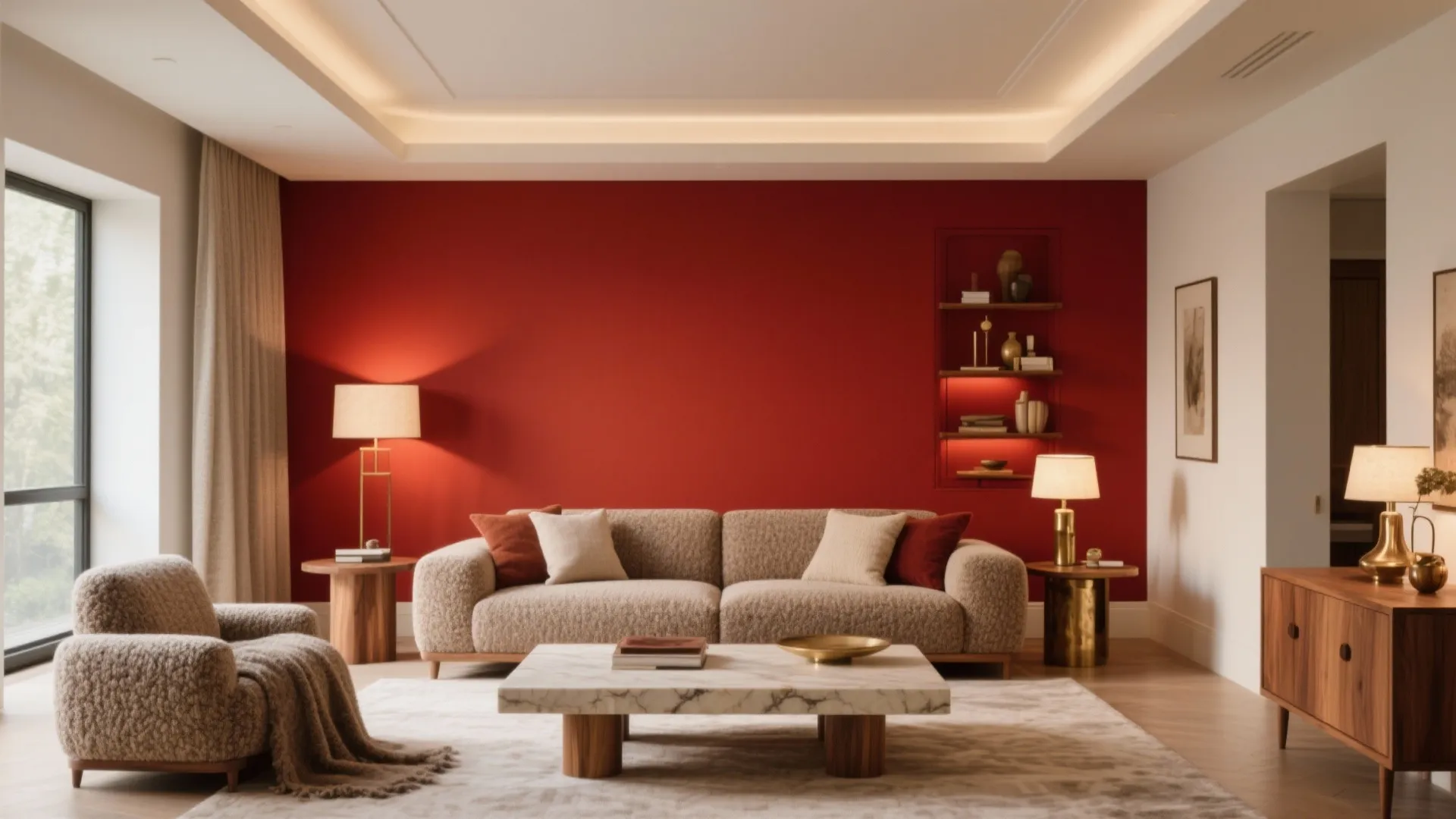 Modern living room with red accent wall, beige sofa, marble table, wooden cabinet, and lamps