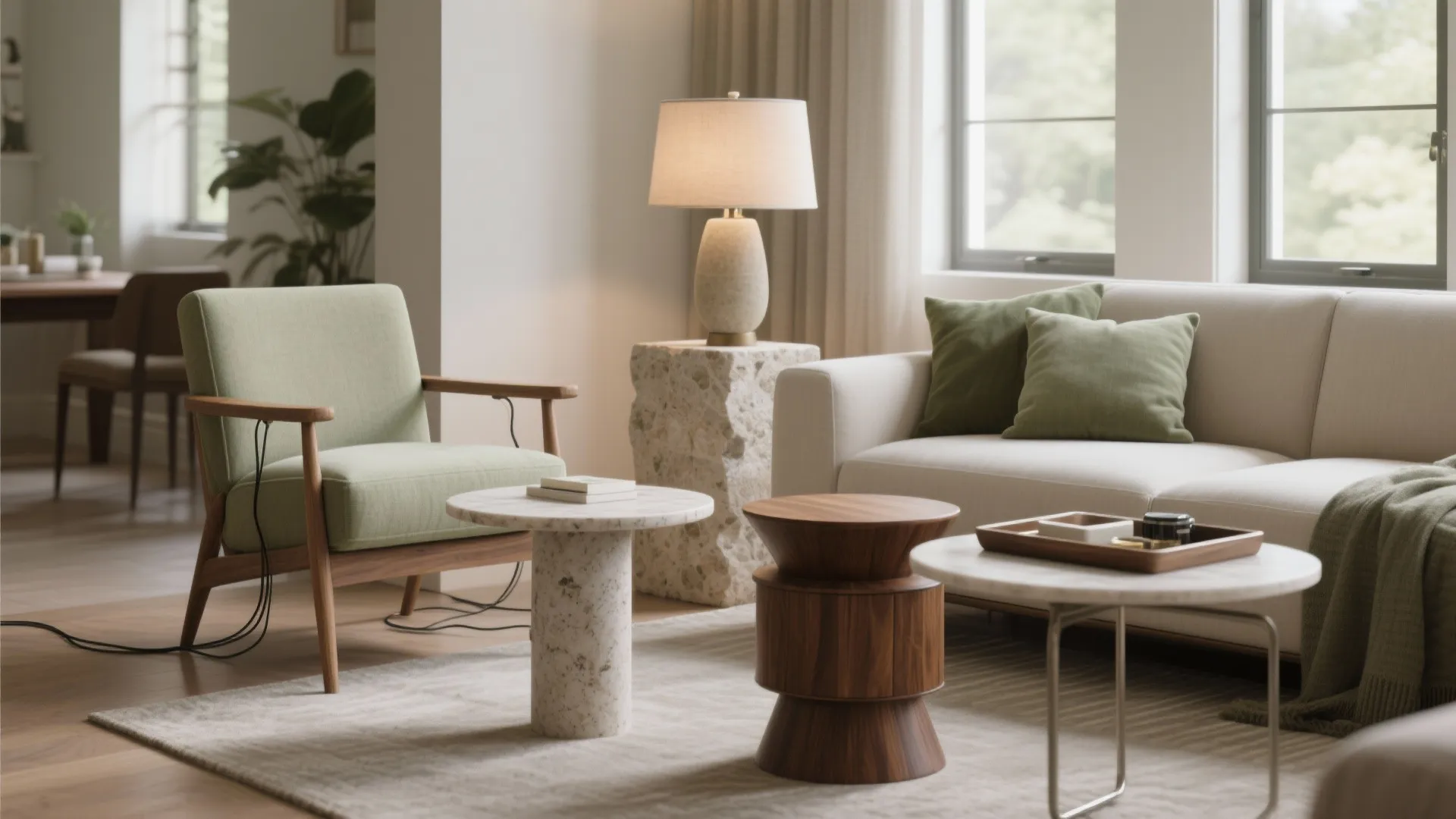 Cream sofa and green armchair with three different side tables and a warm table lamp
