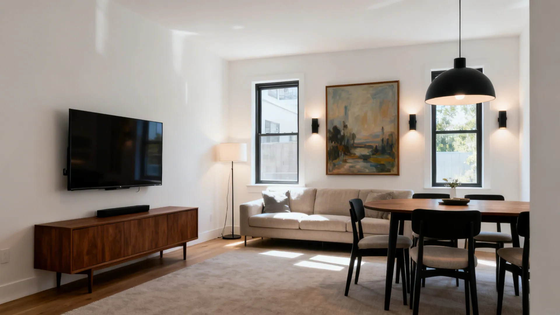 Bright living area featuring wooden cabinet wall lights painting and round black dining table with chairs