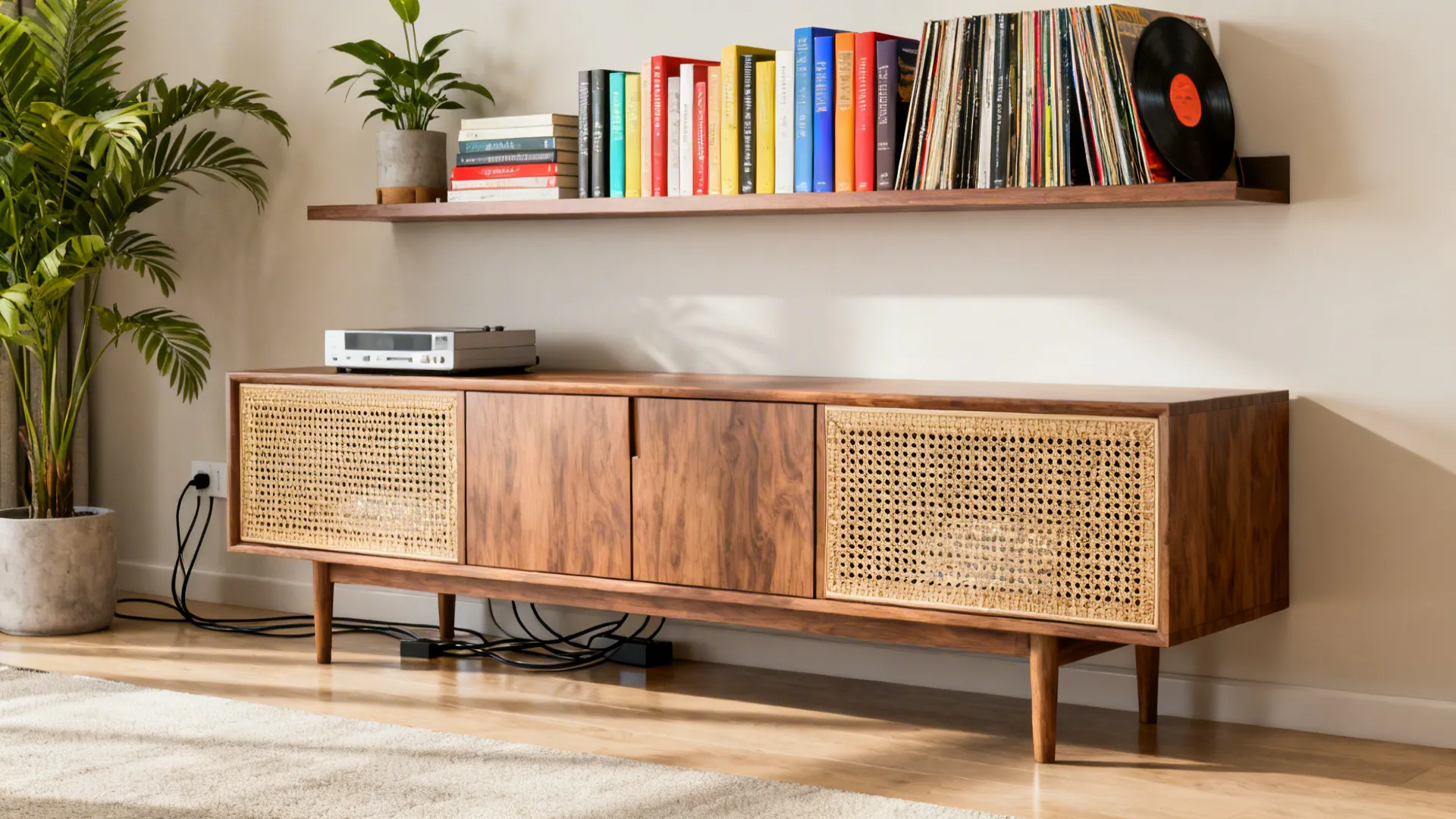 Wooden cabinet with woven doors below wall shelf holding colorful books vinyl records and plant