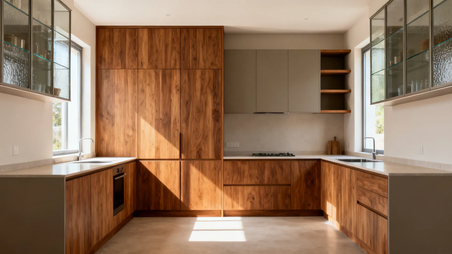 Micro-kitchen with tall pantry on the west and light glass uppers on north and east for balance