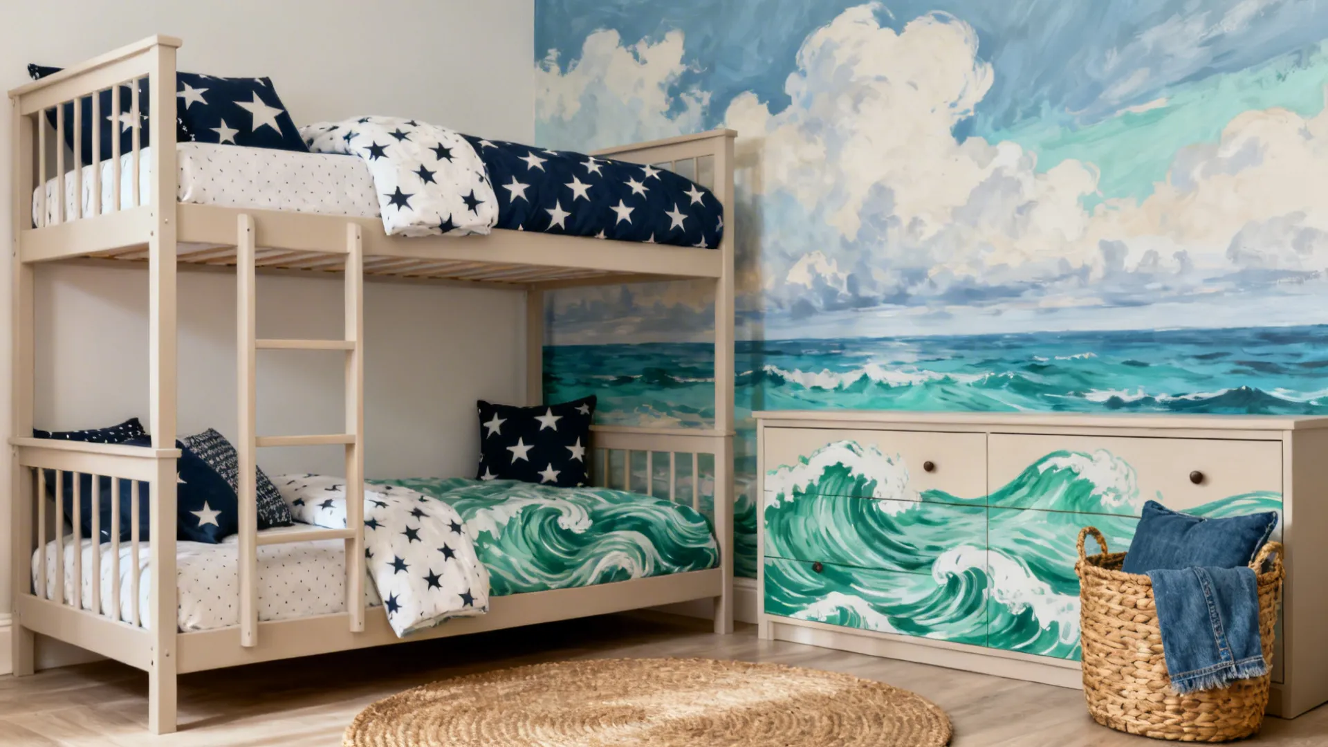 Shared kids’ room with star-and-wave motifs and a sky-to-sea mural unifying the space.