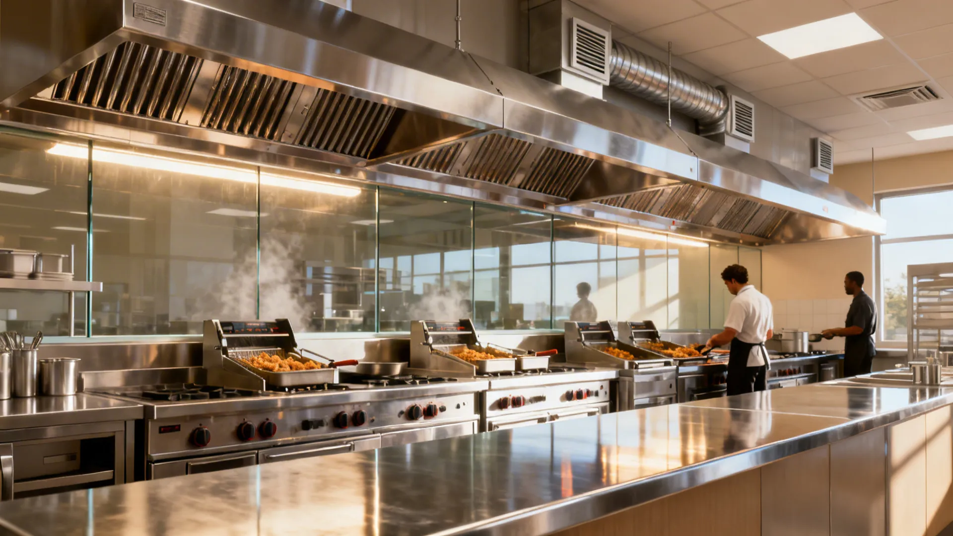Cook line with stainless hoods and make-up air diffusers providing balanced, clean airflow.