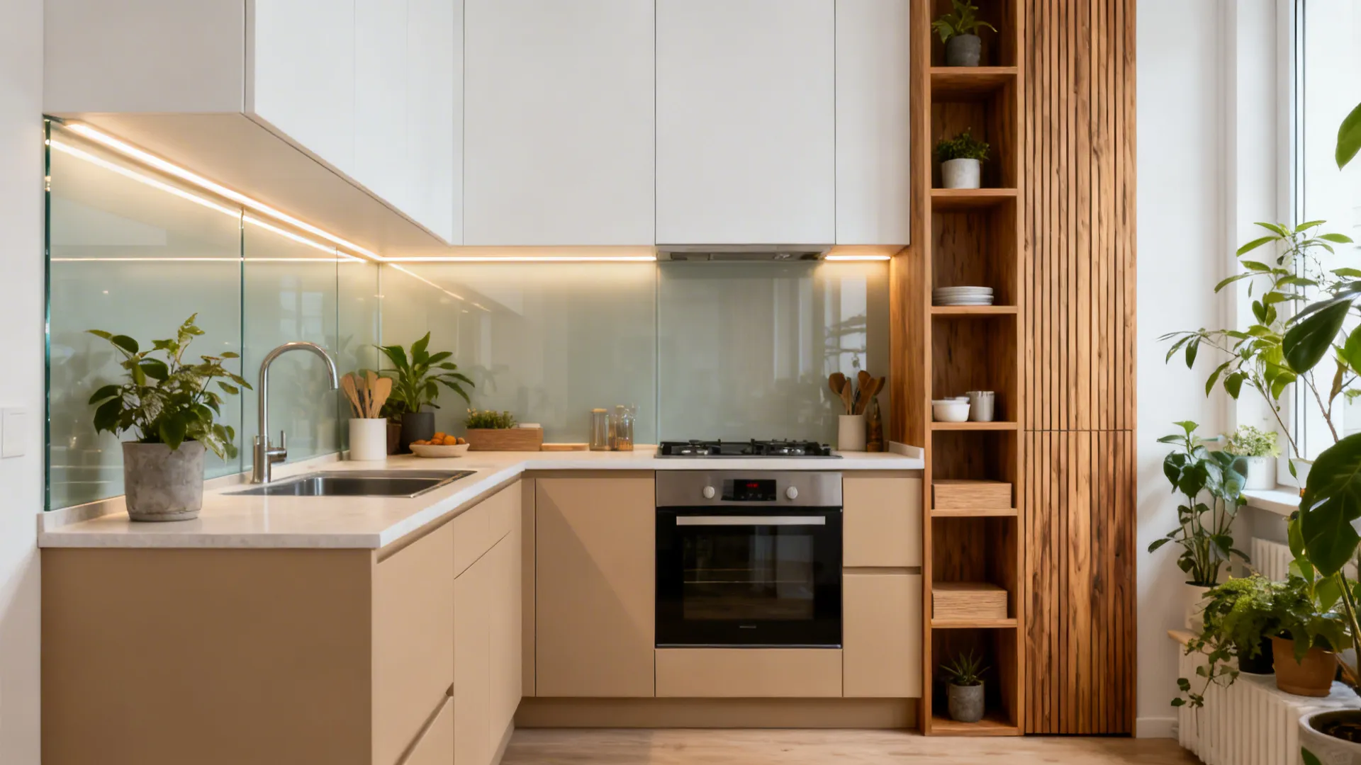 Compact kitchen with matte beige bases, white uppers, and a light wood-grain tall unit with open shelves.