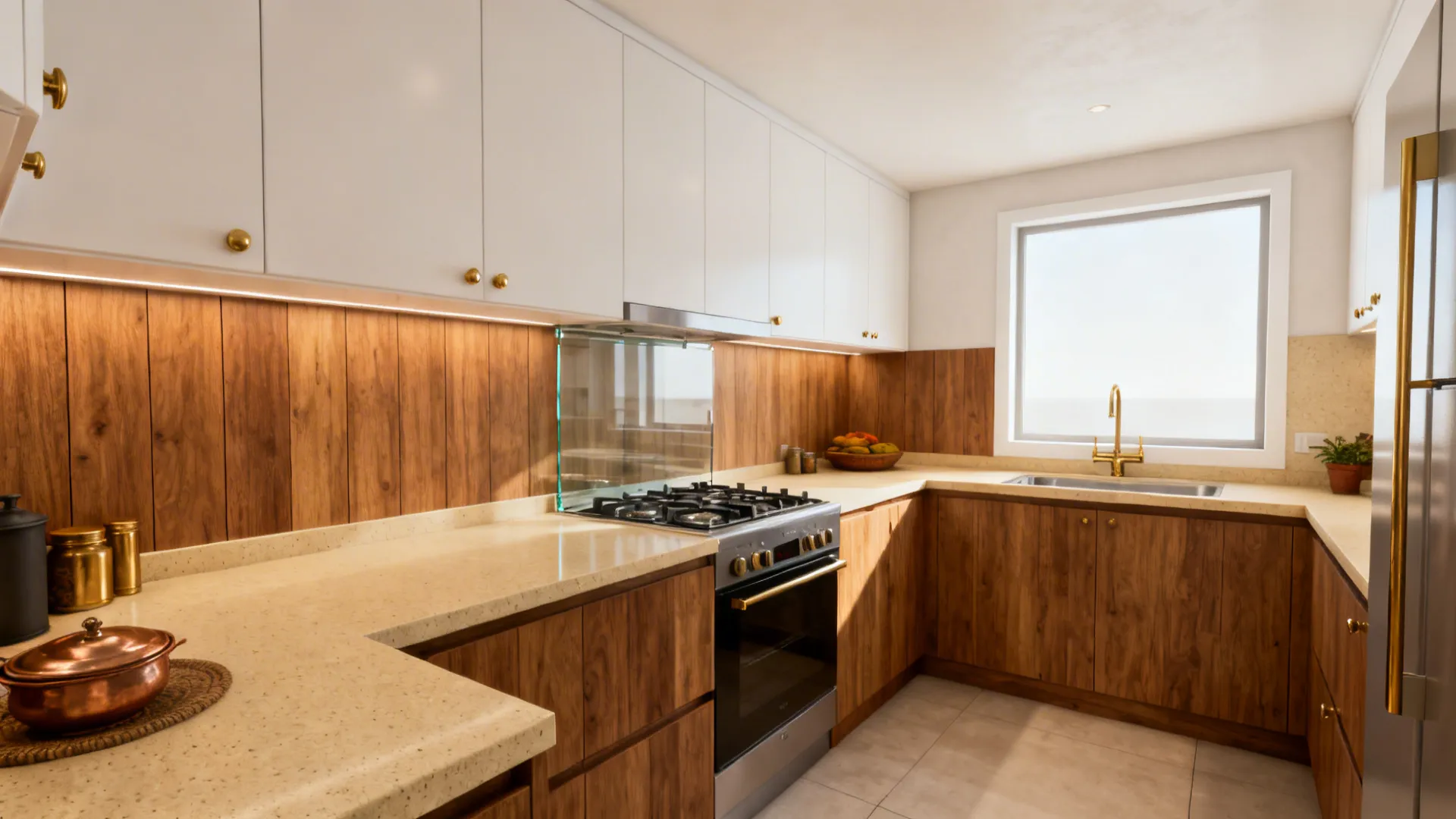 Compact Indian kitchen balancing wood textures with glass and easy-clean surfaces.