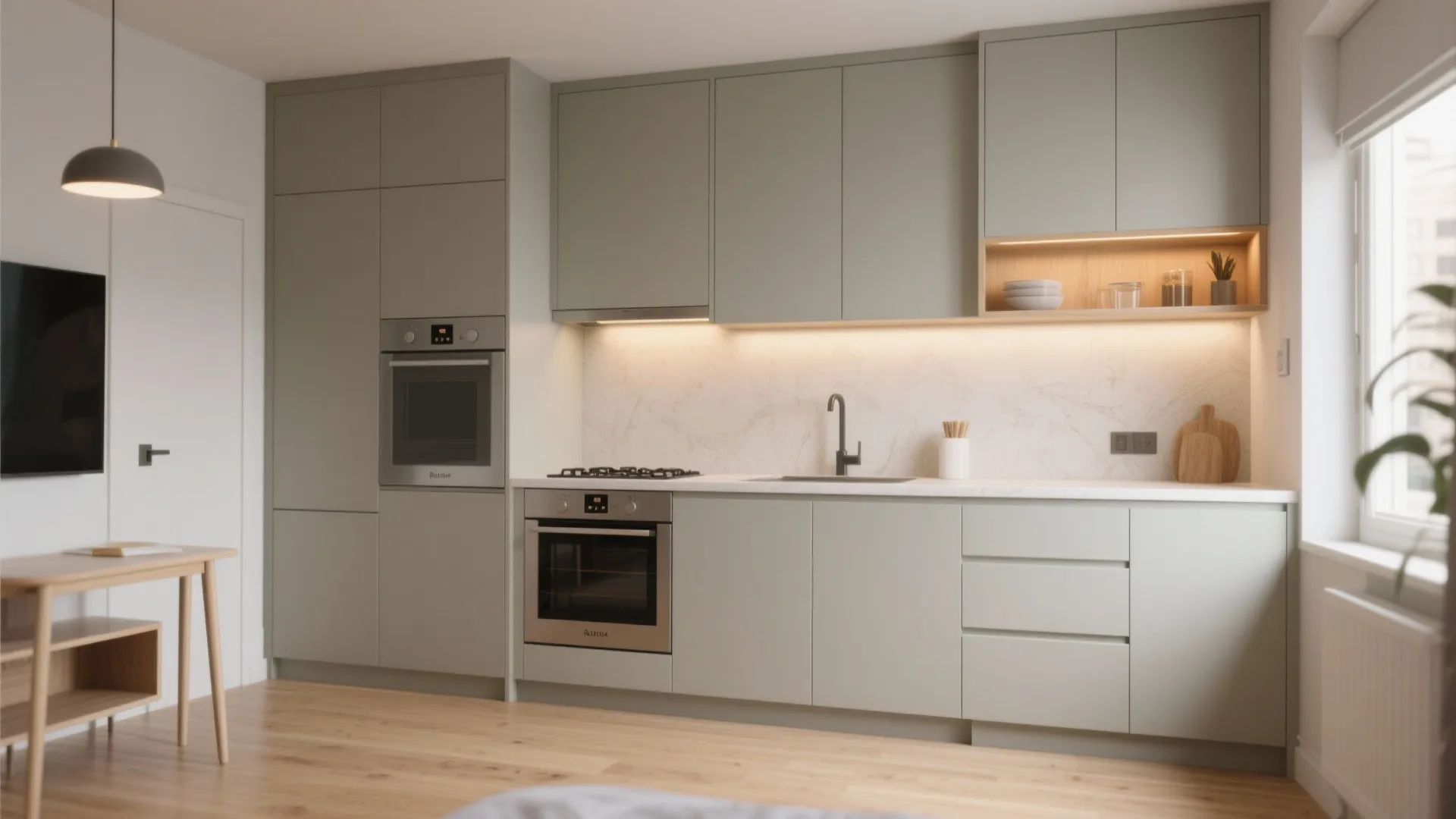 Studio kitchenette with Balboa Mist greige cabinets anchoring the space and open shelving.