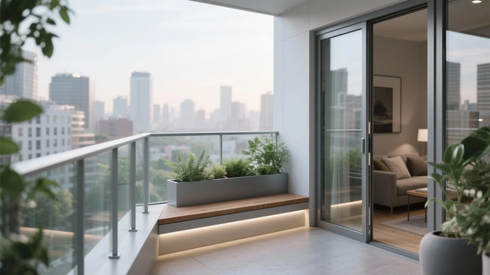 Contemporary balcony design featuring a wooden bench planter box glass railing and open living room access