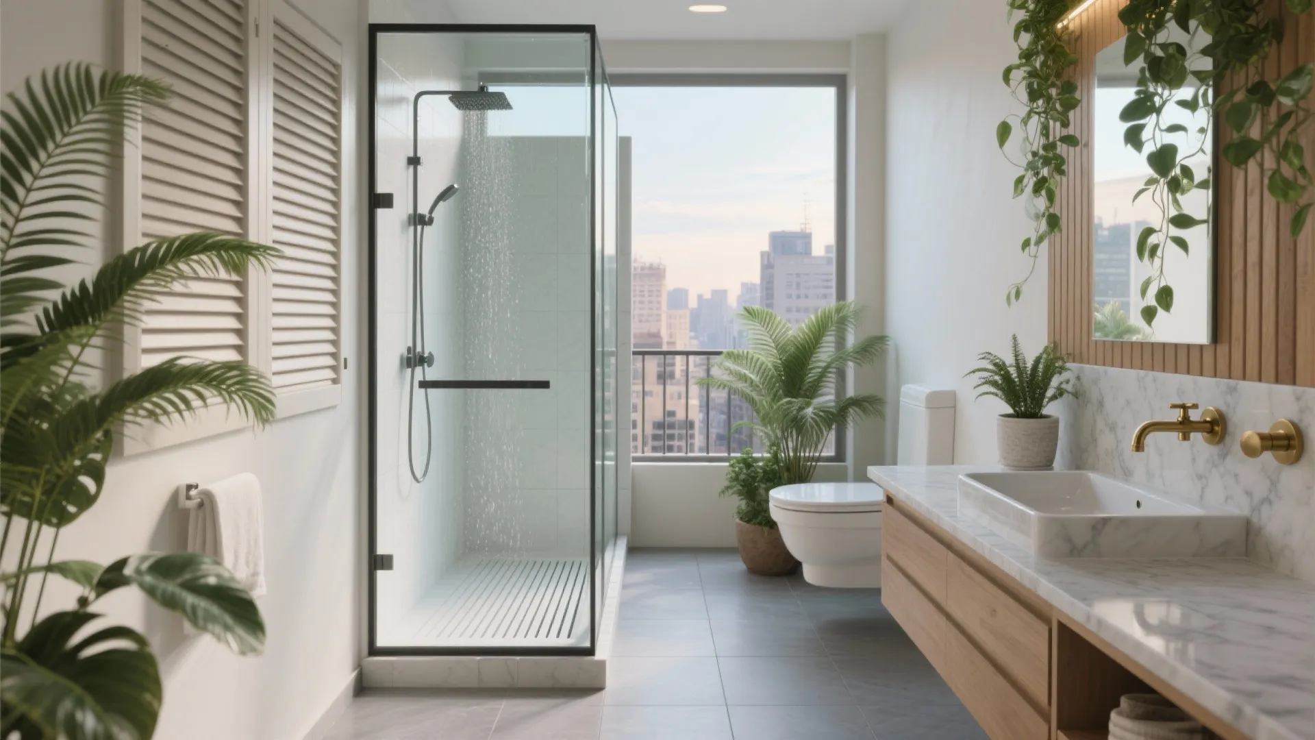 Modern bathroom with glass shower cabin marble counter gold tap green plants and city view