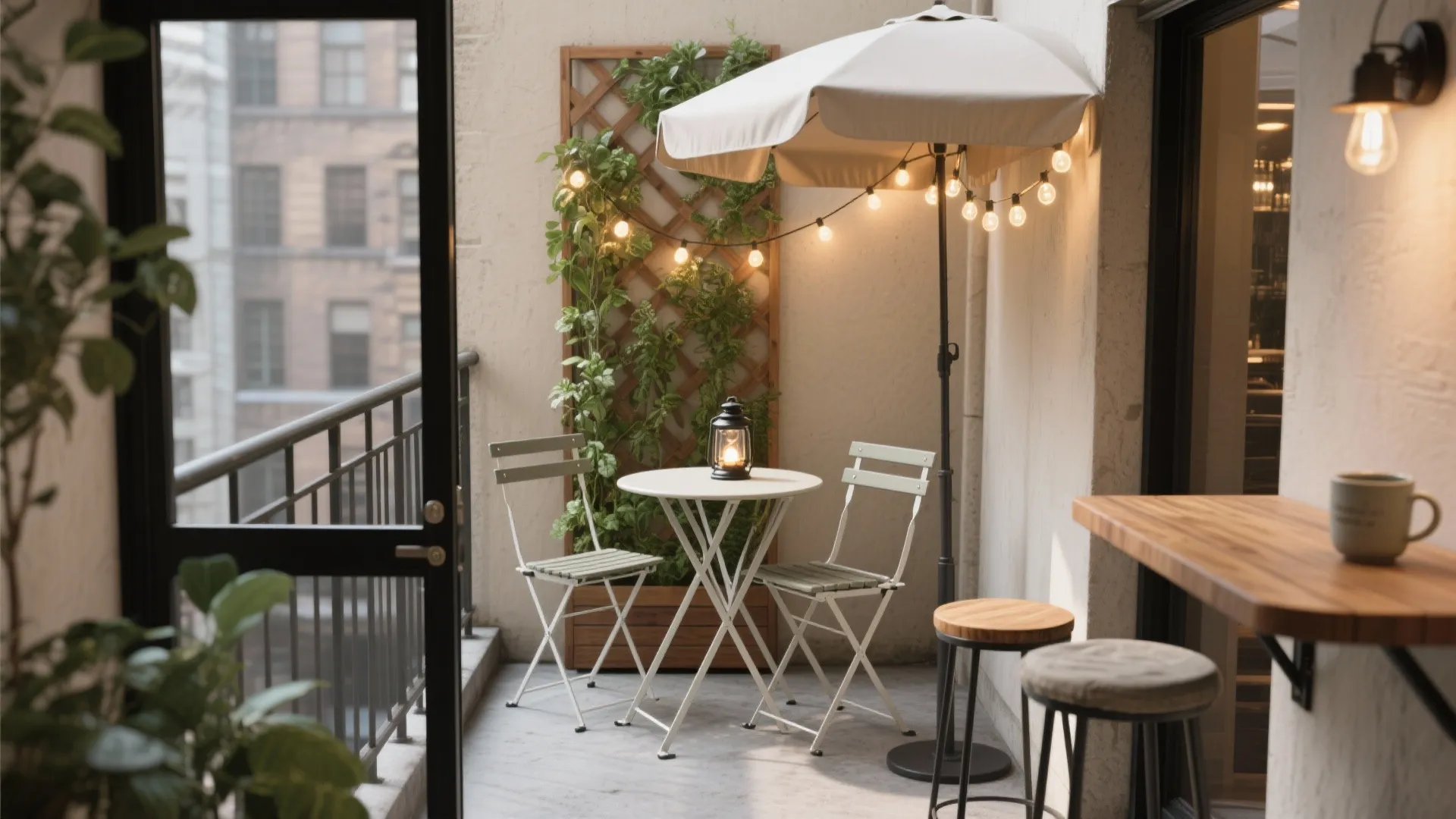 Small balcony with white table two chairs large umbrella string lights and green wall panel