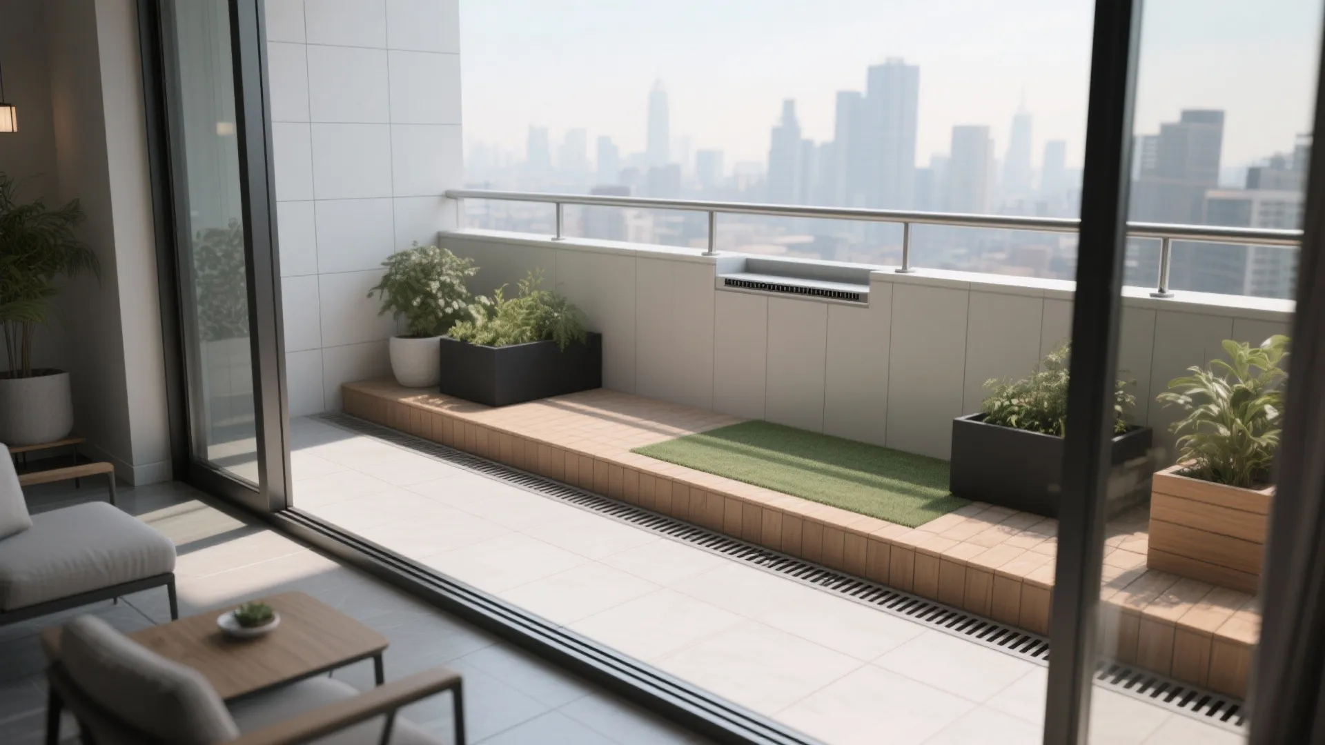 Modern balcony with wooden floor panels, green potted plants, drainage system, and a city skyline