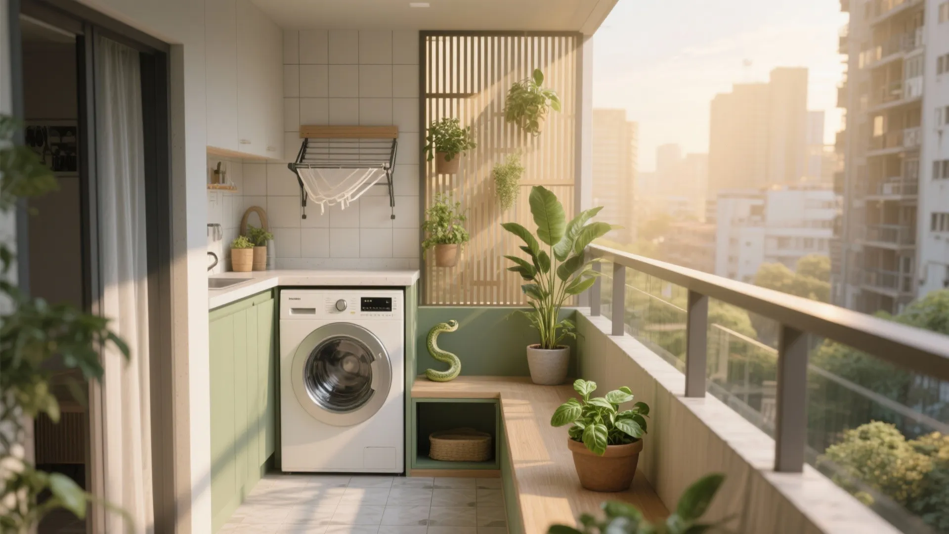 Modern apartment balcony design featuring a washing machine green cabinets wooden bench and many potted plants