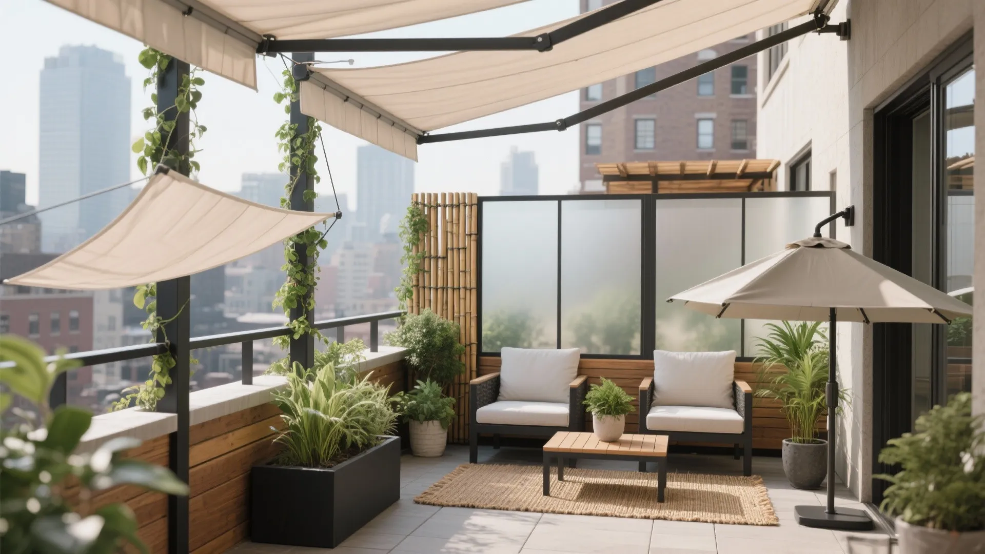 Outdoor terrace with white chairs small table sun umbrella privacy screen green plants and city